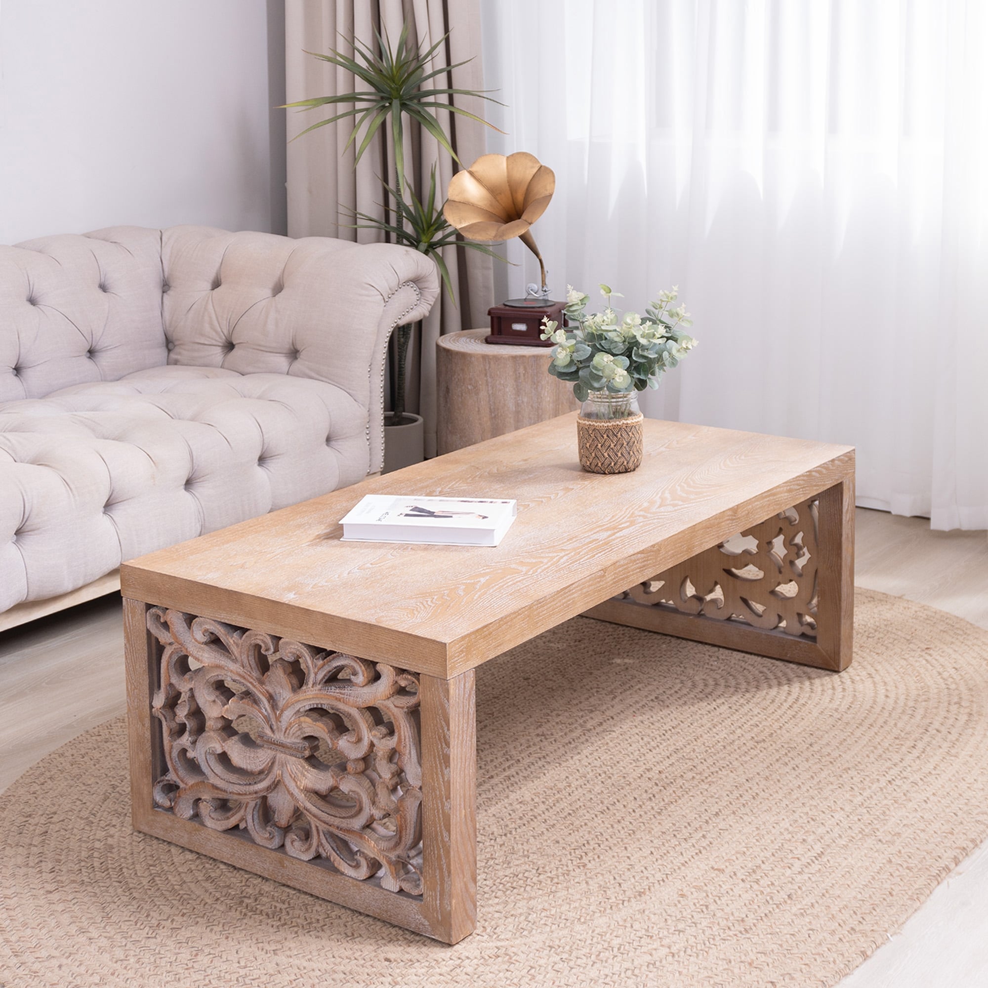 47.2 Rustic Carved Wood Coffee Table