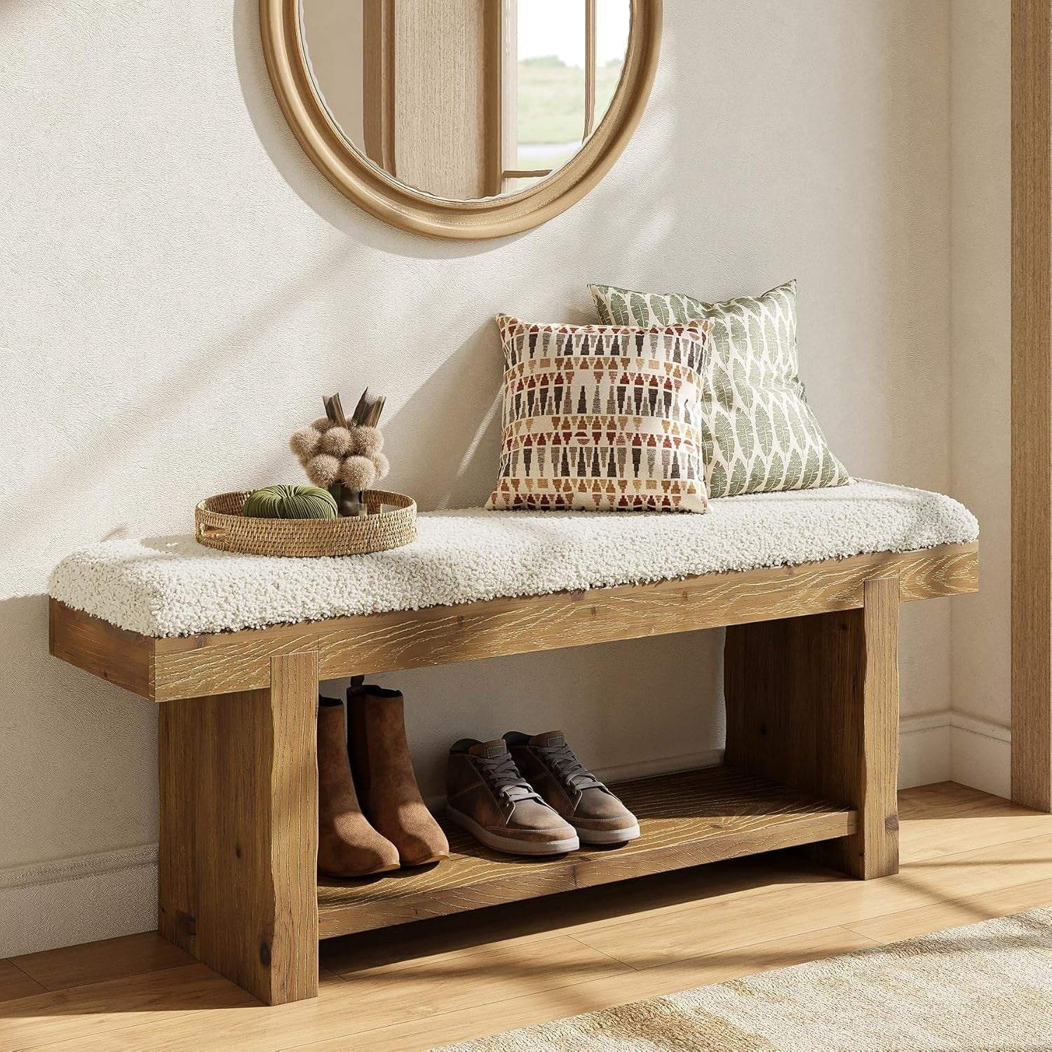 47.2 Solid Wood Entryway Bench 2 Tier Farmhouse Upholstered Bedroom Bench With Storage Shel