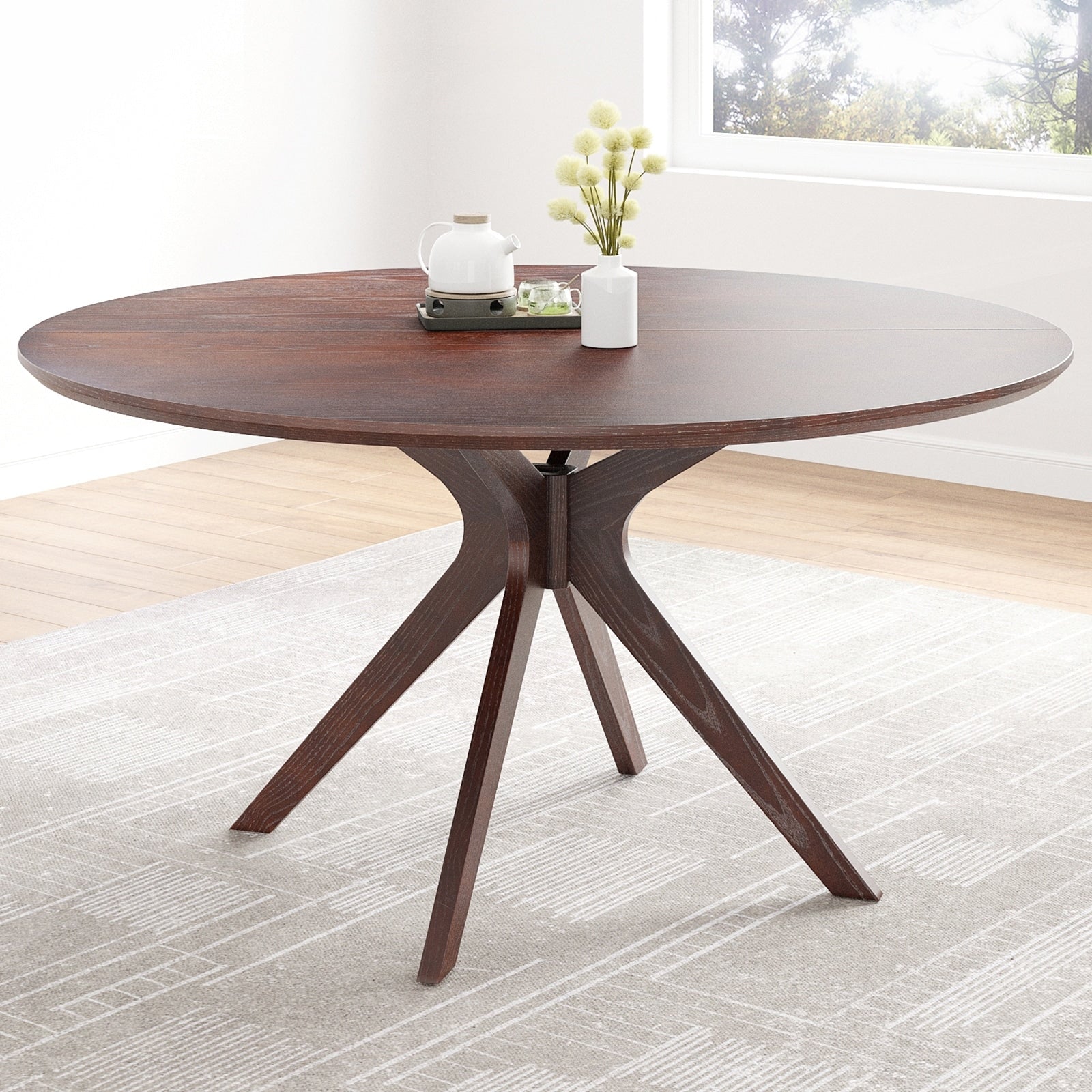 47.2 Solid Wood Round Dining Kitchen Table For 4 6 People With Intersecting Pedestal Base