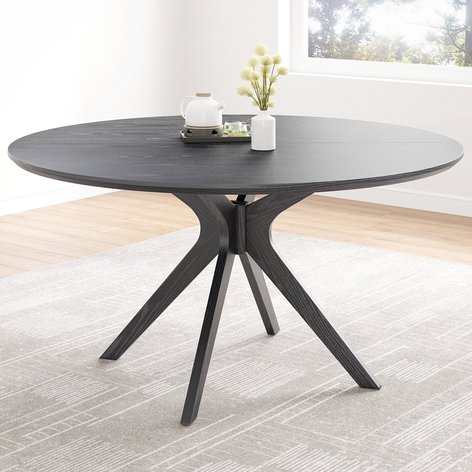 47.2 Solid Wood Round Dining Kitchen Table For 4 6 People With Intersecting Pedestal Base