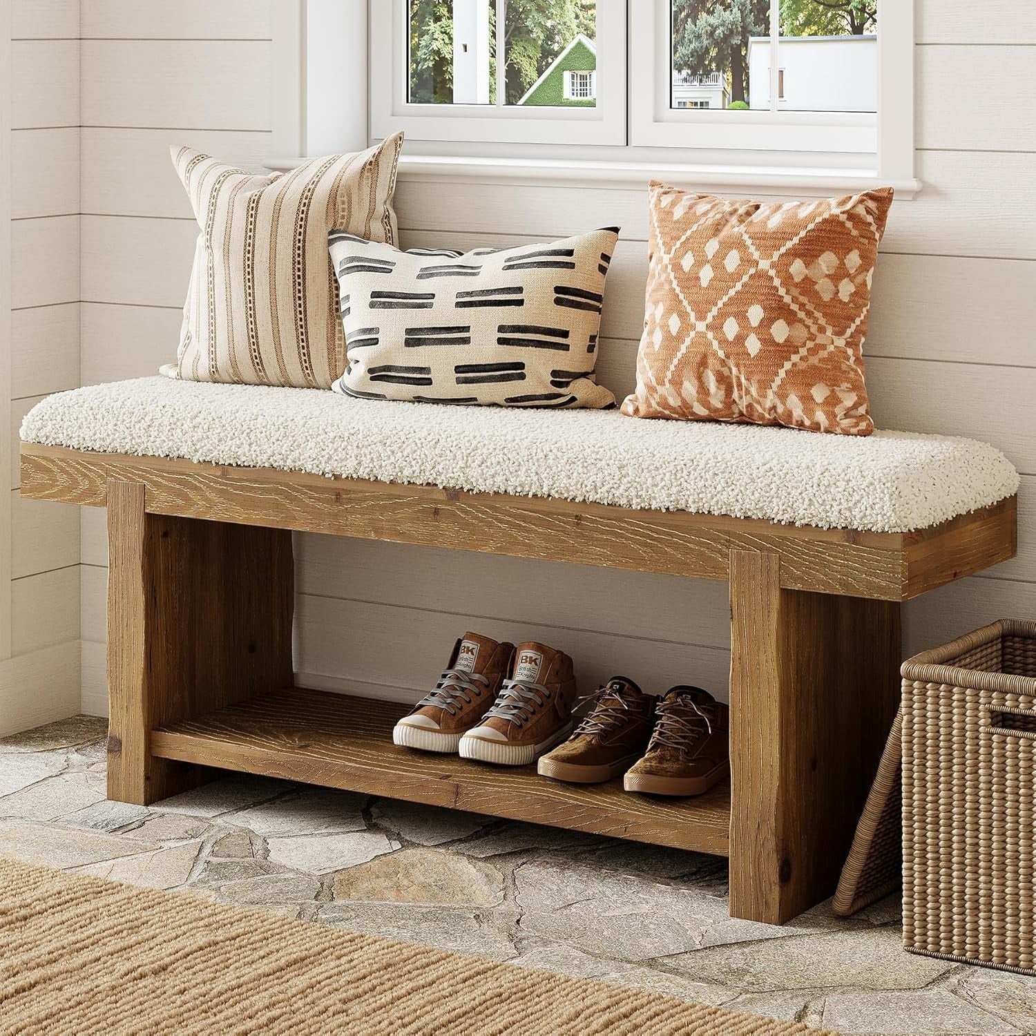 47.2 Solid Wood Upholstered Entryway Bench 2 Tier Farmhouse Bedroom Bench With Storage Shel