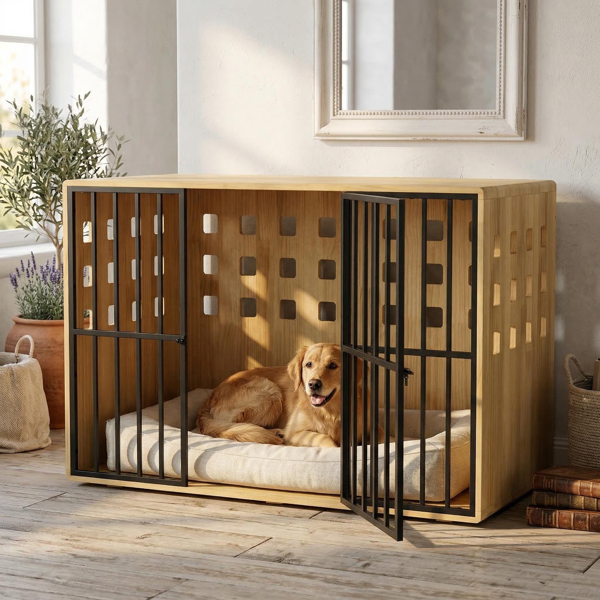 47.2 Wooden Dog Crate Furniture Large Indoor Dog Kennel With Metal Doors Solid Pine Wood Pet Crate End Table For Large Dogs