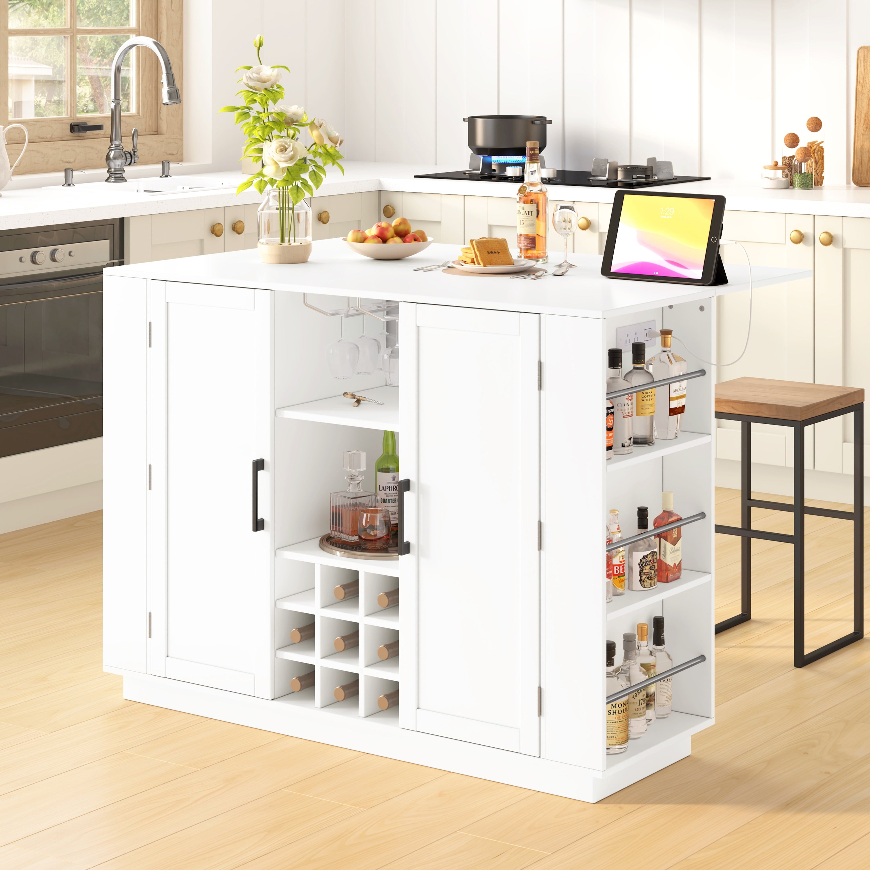 47.2 Kitchen Island With Drop Leaf Power Outlet Wine Bar Cabinet With Bottle Rack Glass Holder 2 Door Buffet With Shelves