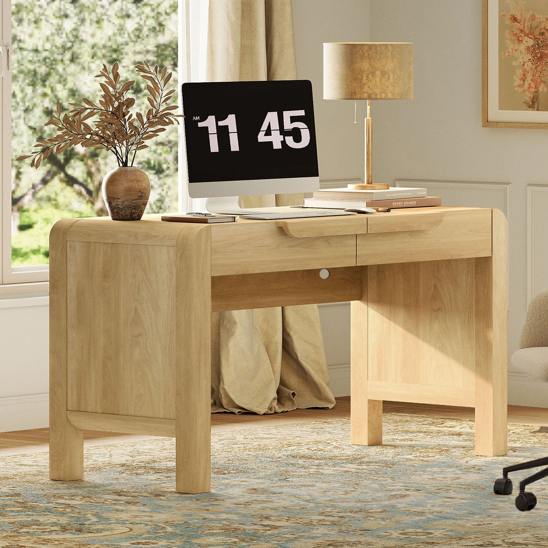 47.2 W Mid Century Modern Curved Waterfall Writing Desk With 2 Drawers Wood Computer Desk With Charging Station