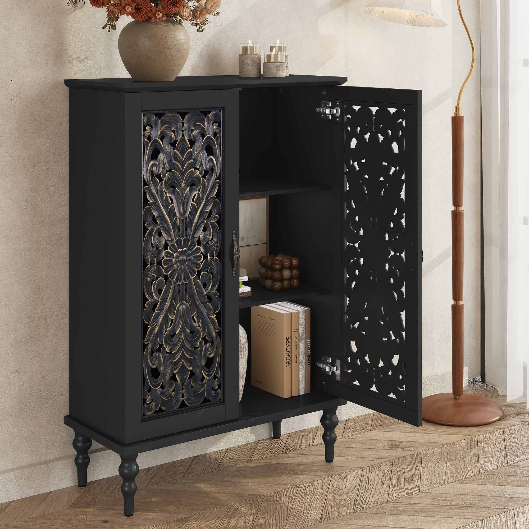 47.2Tall Accent Cabinet With Carved Doors