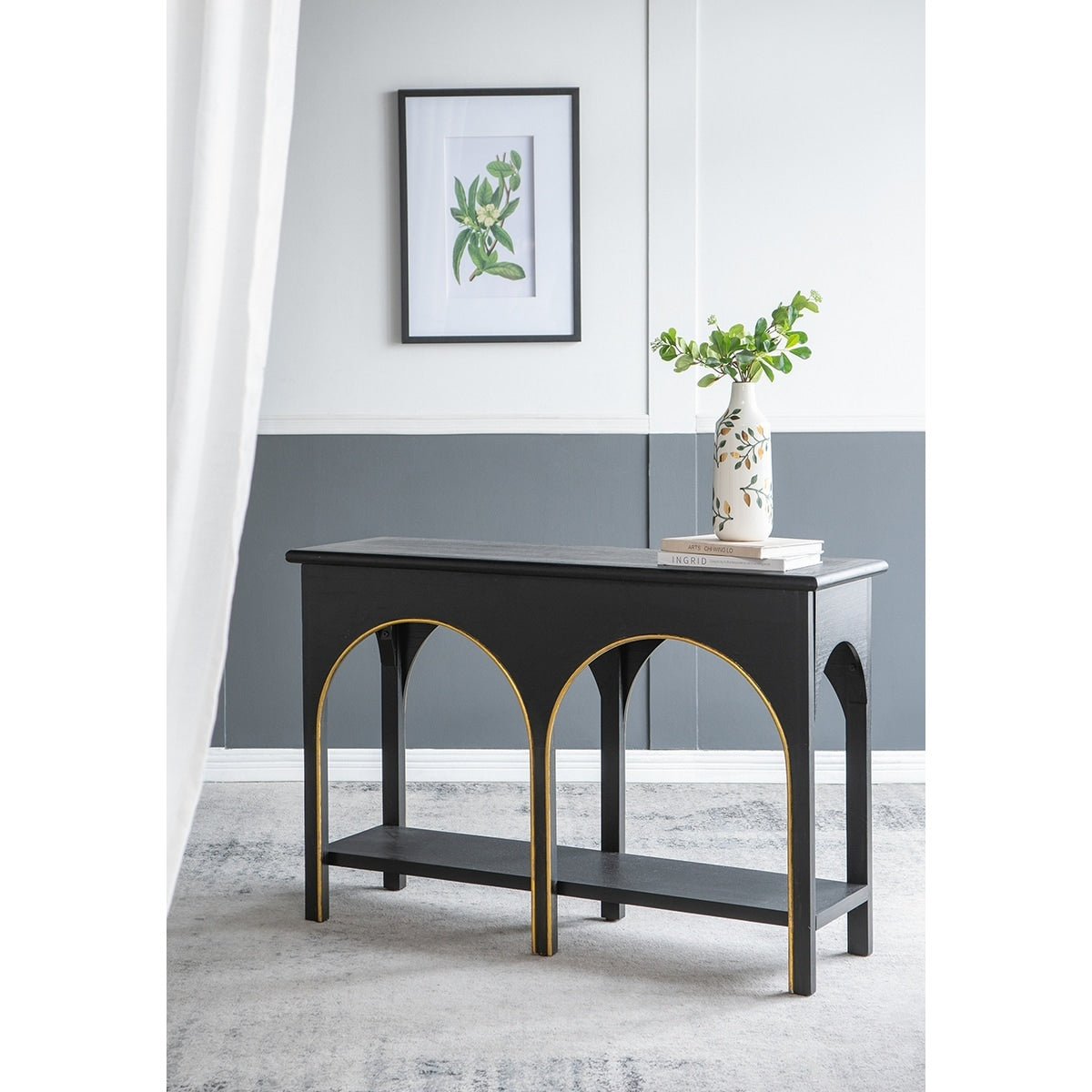 47.2X15.7X31.9 Black Wooden Console Table With Gold Accents