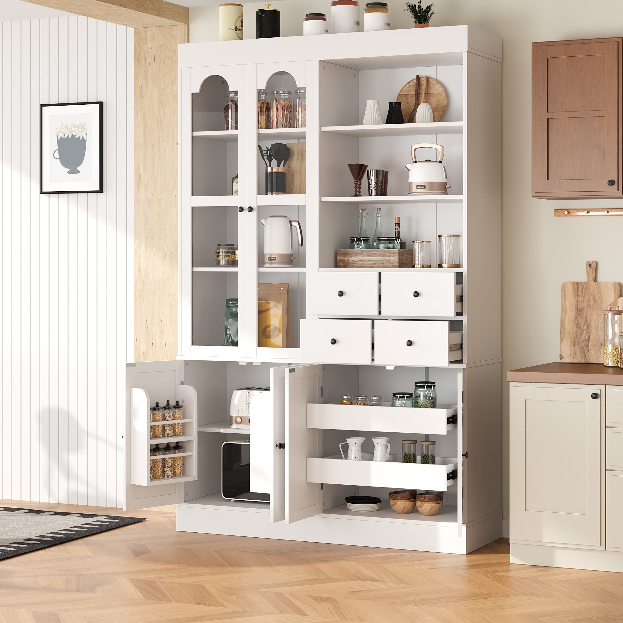 47.2X15.7X75Inch Freestanding Buffet With Hutch Tall Kitchen Pantry Cabinet With 4 Drawers Door Shelves And Pull Out Trays