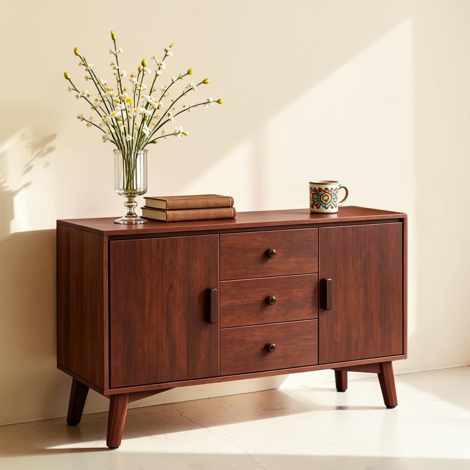 47.3 Mid Century Modern Sideboard Buffet Cabinet With 3 Drawers And Adjustable Shelves Storage Cabinet