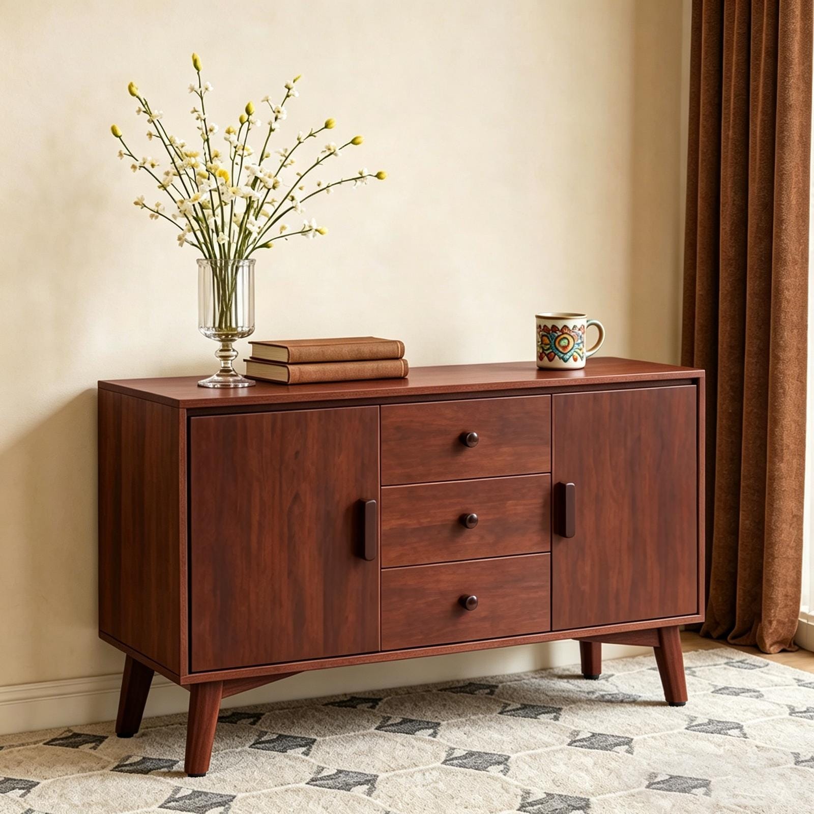 47.3 Modern Sideboard Buffet Cabinet Solid Wood Frame Legs Wooden Handle Storage Cabinet With 2 Doors And 3 Drawers