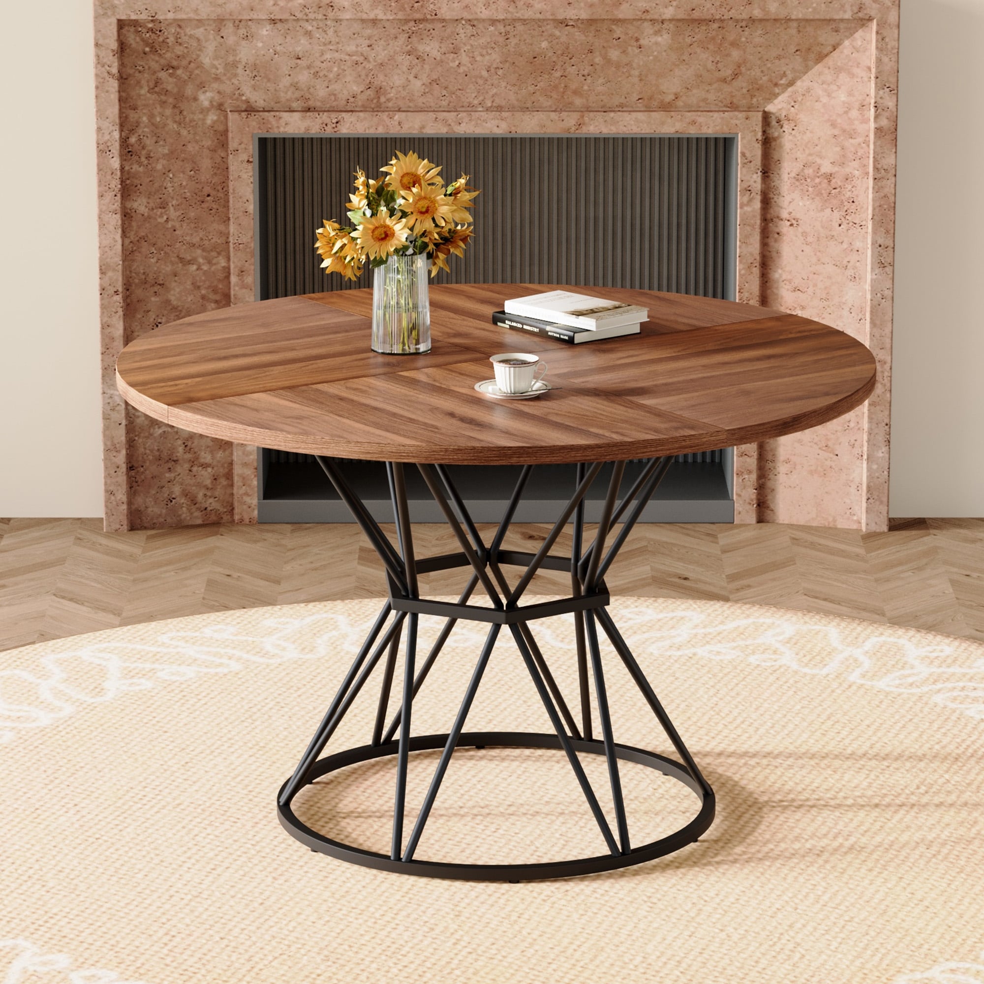 47.3 Circular Dining Table Black Hourglass Shaped Metal Brackets Modern Industrial Style Dining Table For 4 6 People