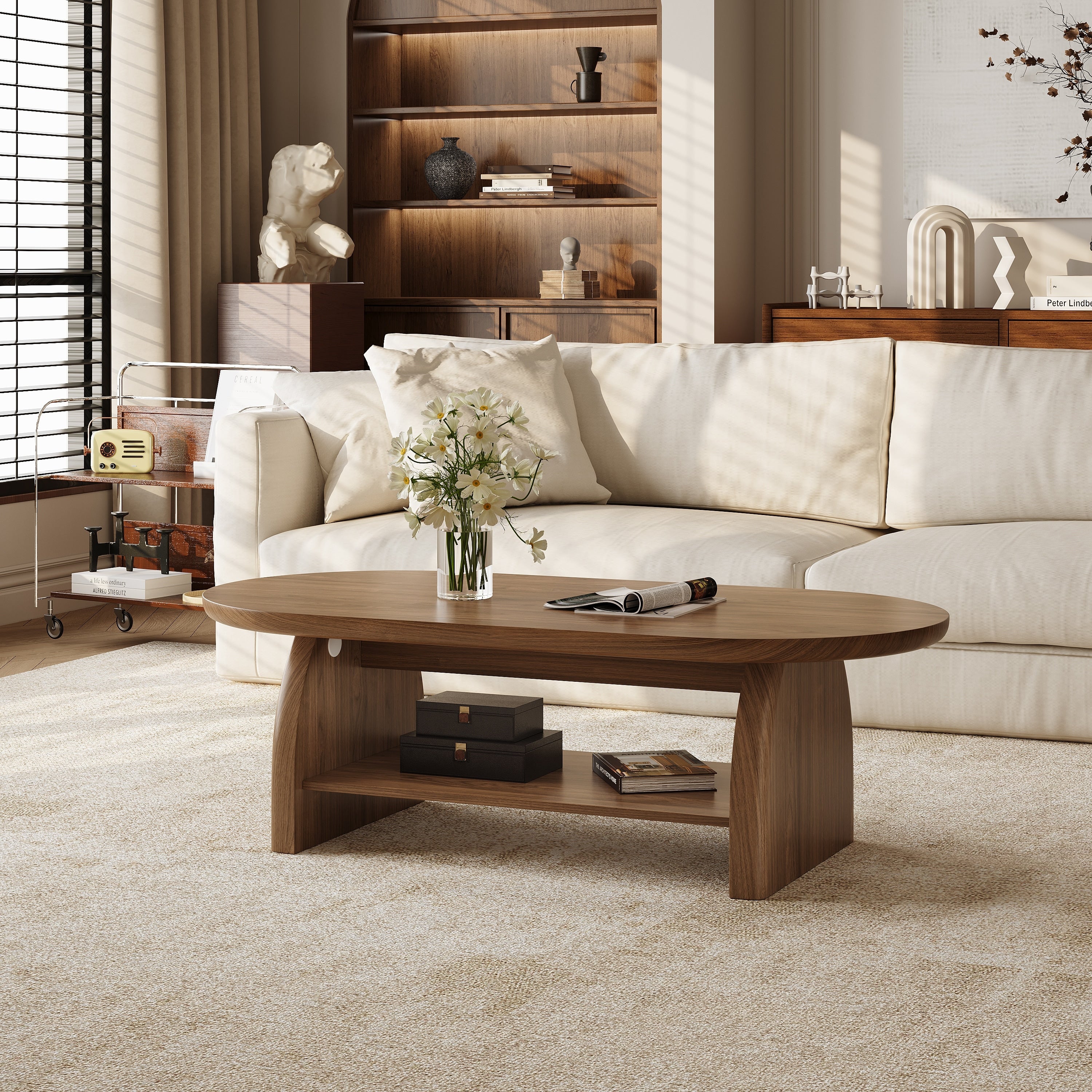 47.4 Oval Walnut Coffee Table With Storage Shelf Modern Wooden Coffee Table For Living Room