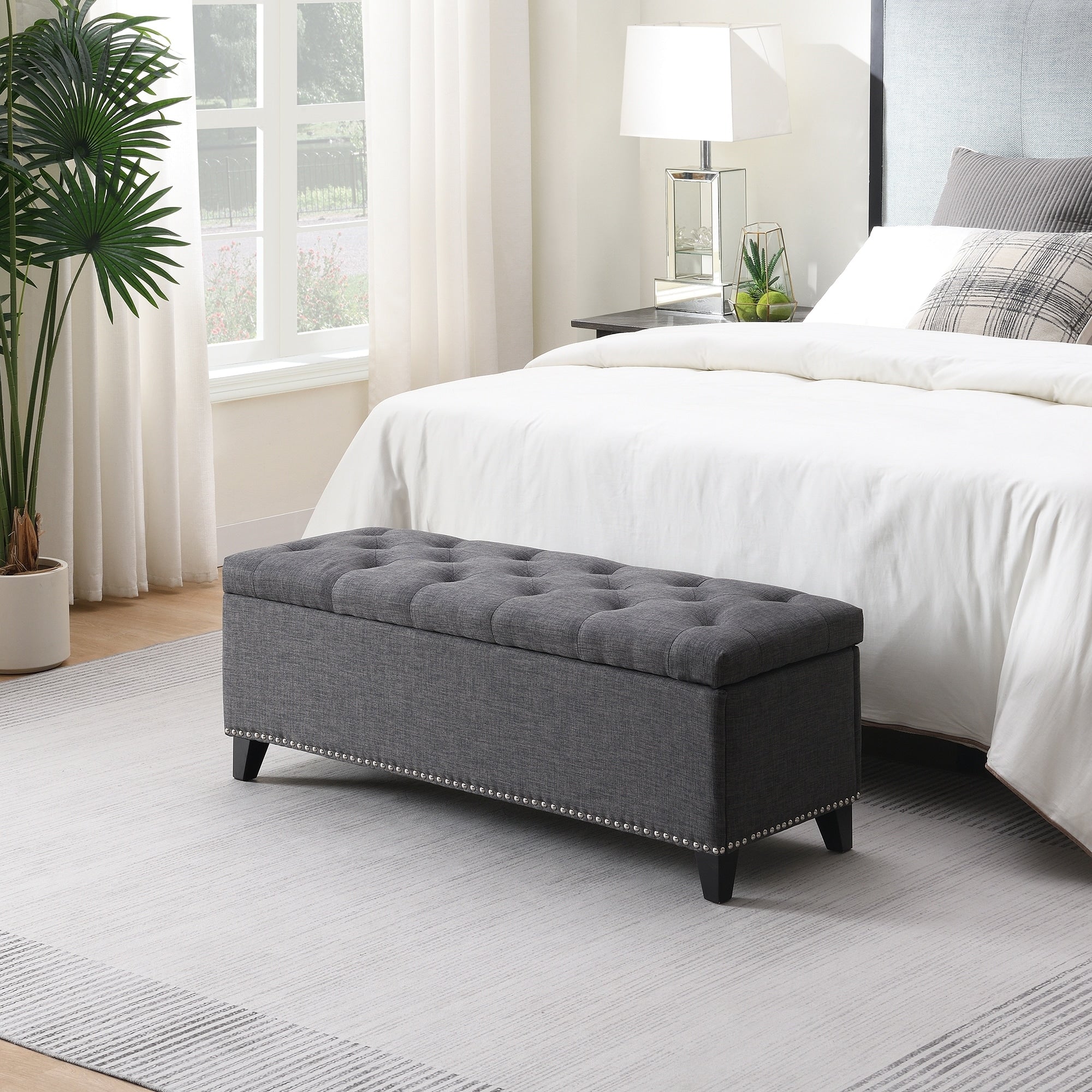 47.5 Linen Button Tufted Storage Ottoman With Safety Close Hinge