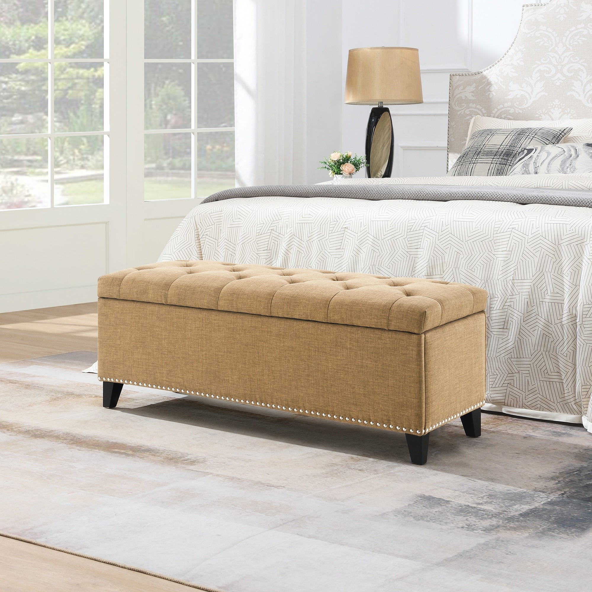 47.5 Storage Ottoman Storage Bench With Safety Close Hinge Linen Button Tufted Ottoman For Living Room Support 500Lbs