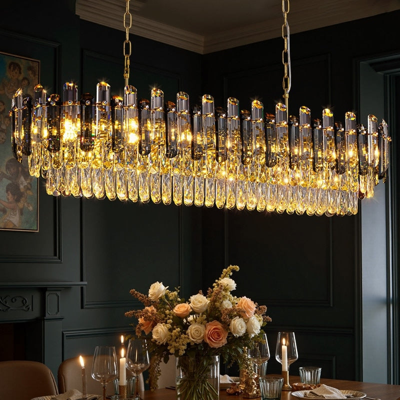 47Inch 18 Light Modern Brass Rectangle Crystal Chandelier 3 Tier Crystal Pendant Light Fixture For Dining Room 47In.
