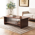 47 Brown Rectangular Minimalist Coffee Table With Glass Sliding Door Storage Cabinet