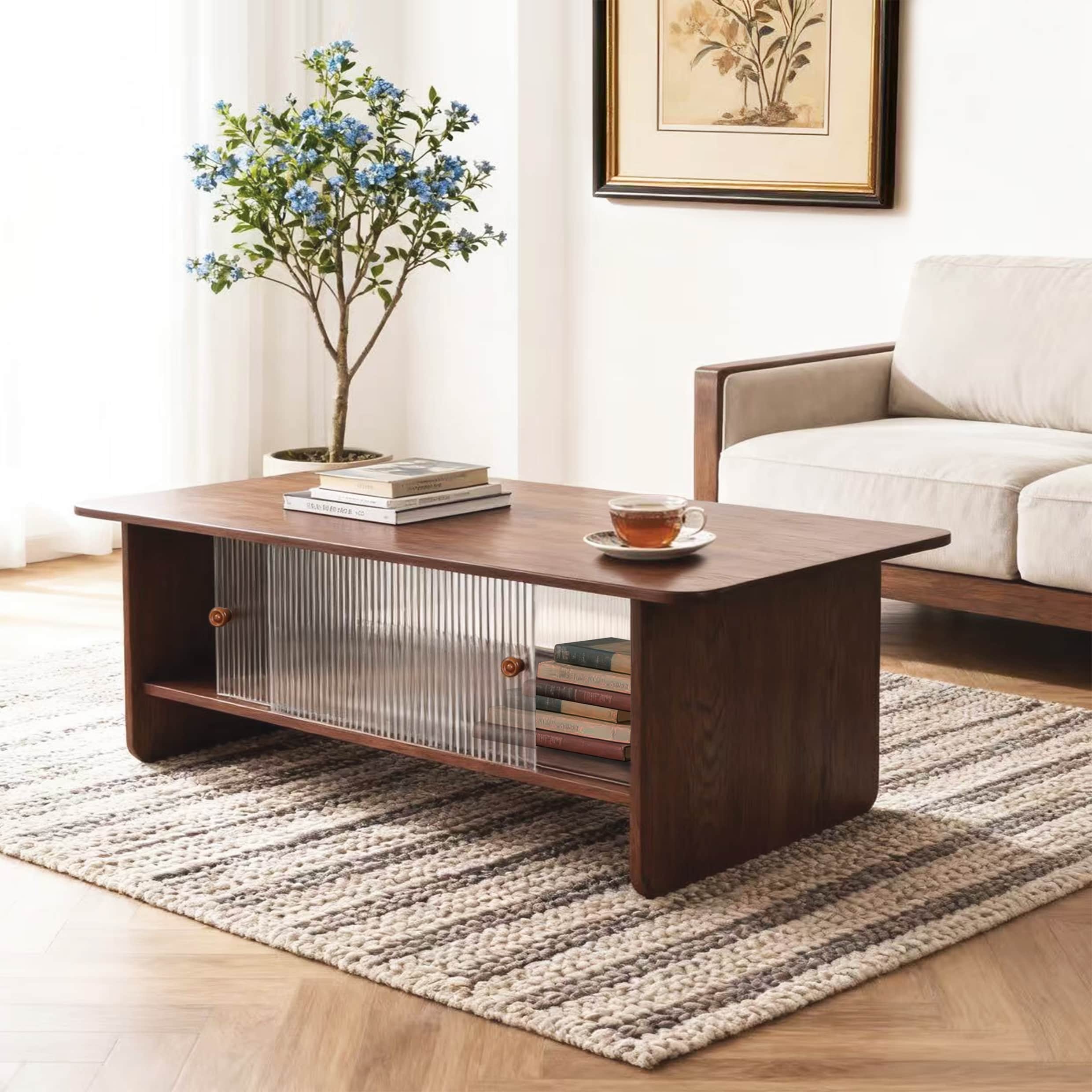 47 Brown Rectangular Minimalist Coffee Table With Glass Sliding Door Storage Cabinet