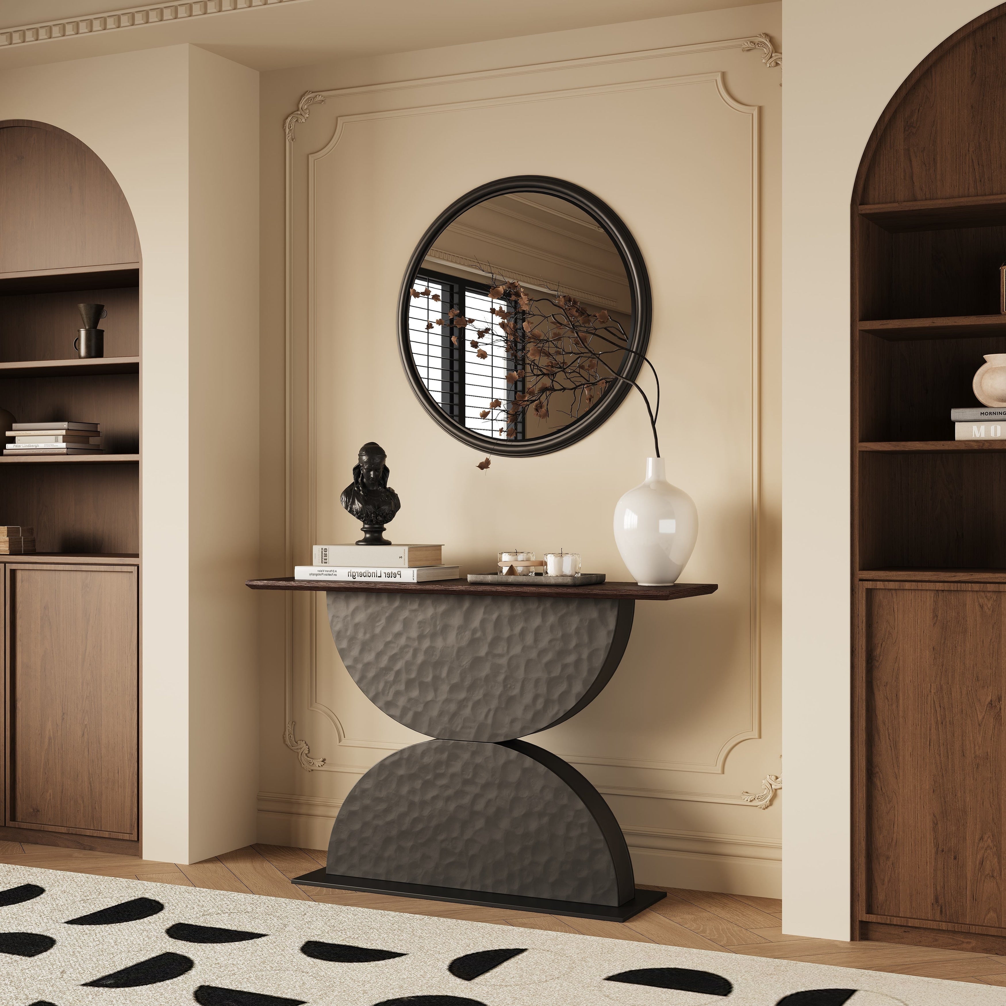 47 Double Semi Circles 3D Hammer Shaped Texture Base Wood Console Table With Led Light
