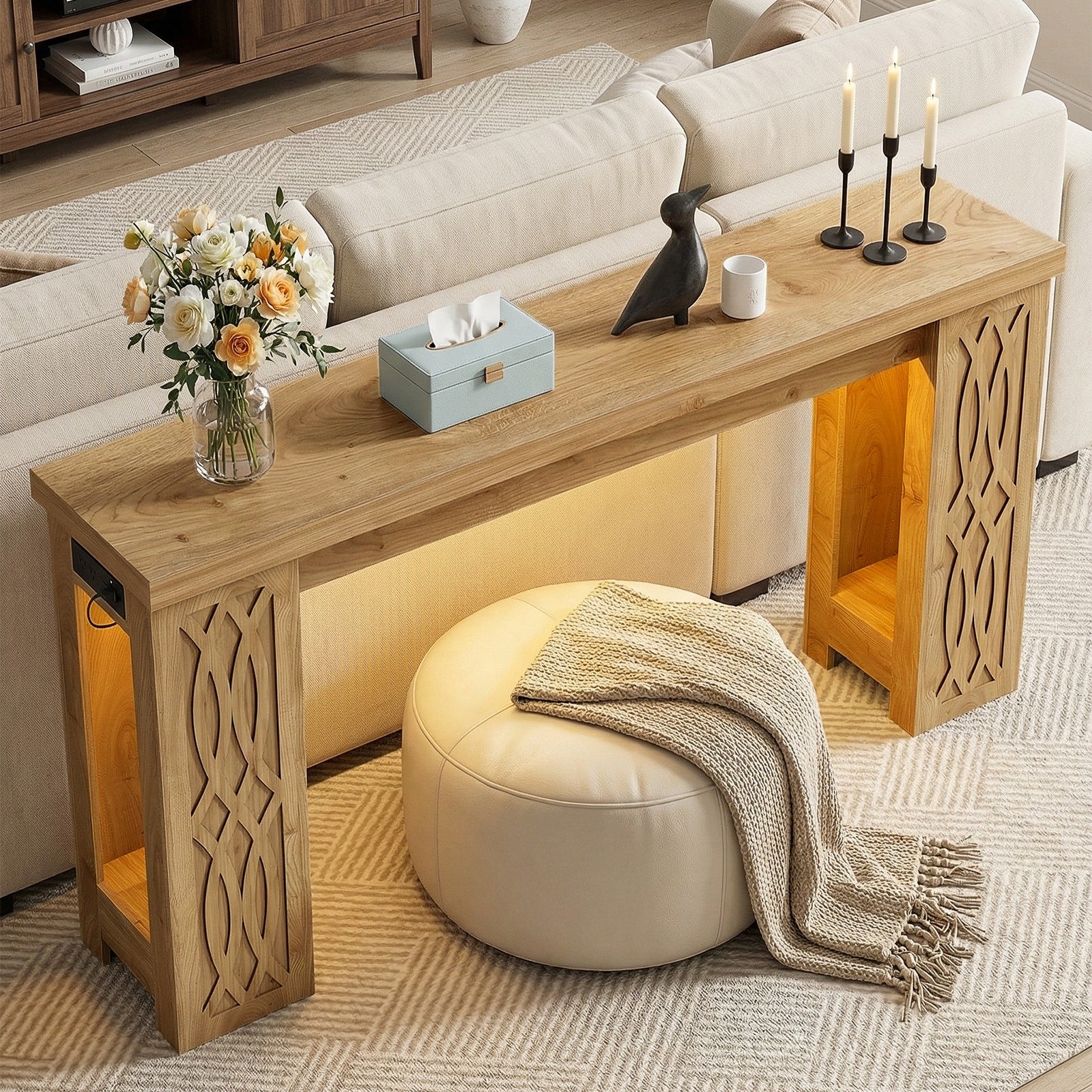 47 Farmhouse Console Table With Rgb Led Light Power Outlets Unique Carved Design Farmhouse Entryway Table Sofa Table