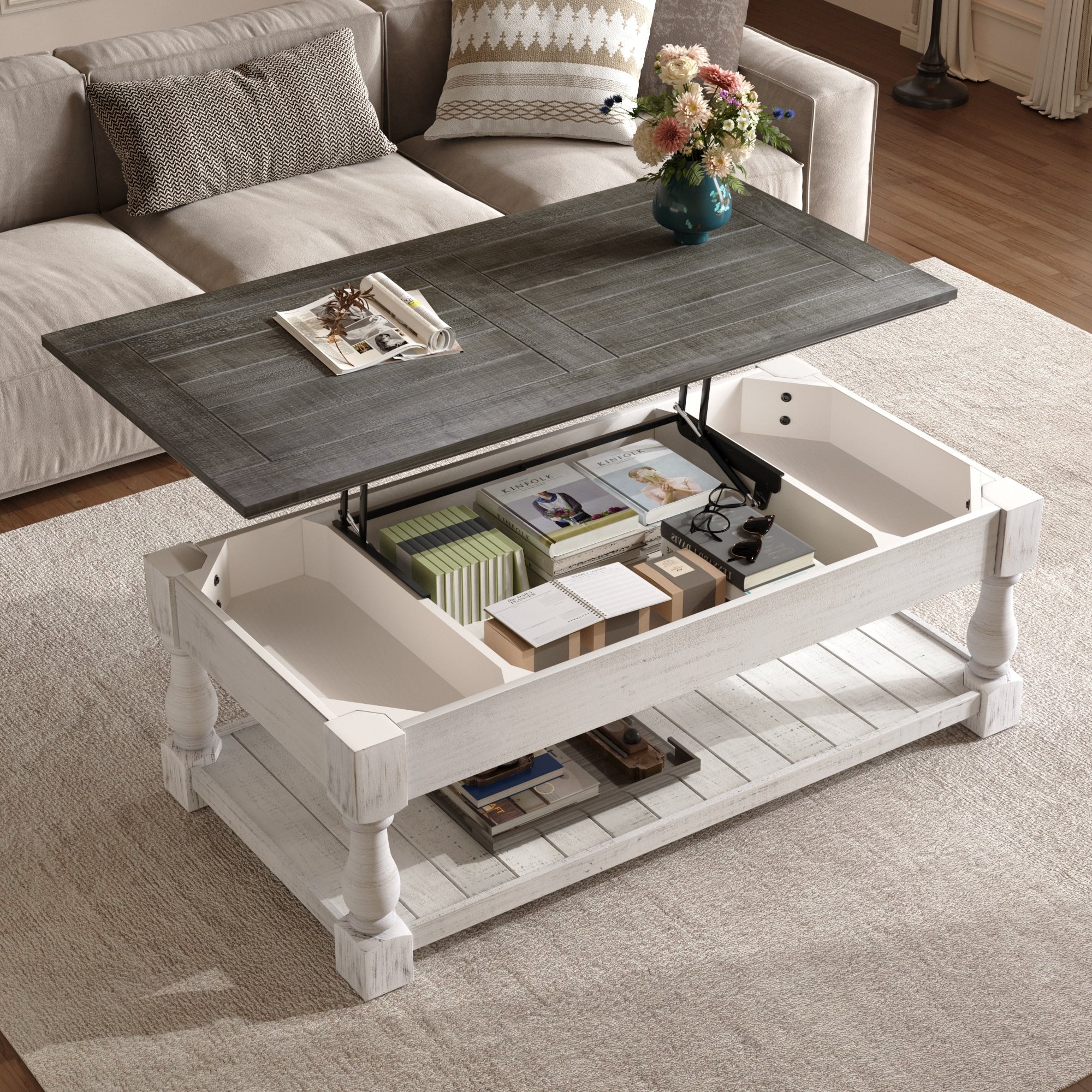 47 Farmhouse Lift Top Coffee Table With Fixed Shelf And 3 Hidden Storage
