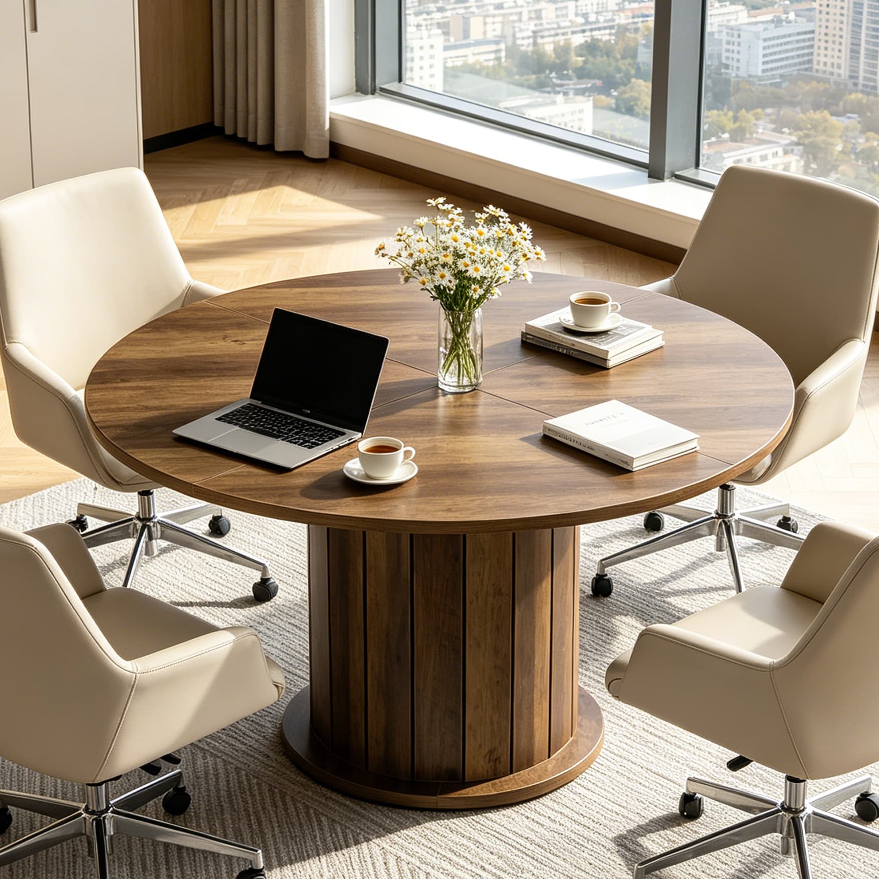 47 Farmhouse Round Conference Table With Sturdy Base For 4 6 People 47.24 L X 47.24 W X 29.53 H