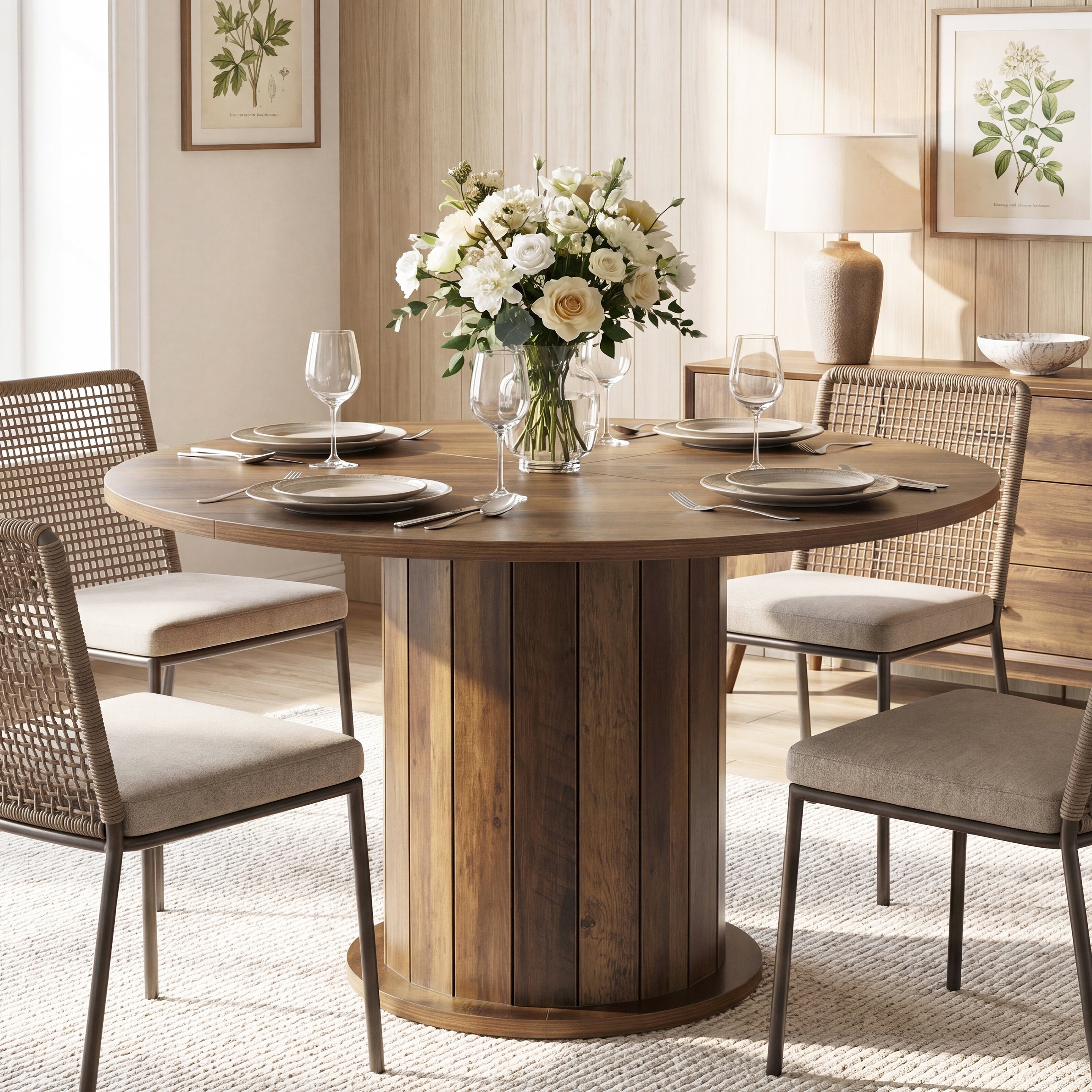 47 Farmhouse Round Dining Table With Sturdy Base For 4 6 People 47.24 L X 47.24 W X 29.53 H