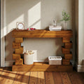 47 Geometric Block Stacked Wood Console Table With Warm Natural Finish Modern Entryway Living Room Accent Table