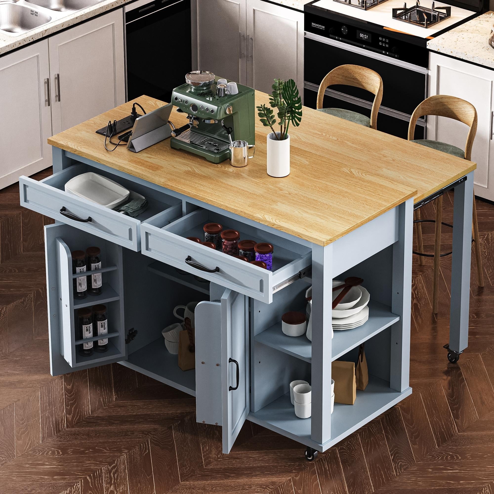 47 Kitchen Island With Extendable Dining Table Internal Storage Rack Power Outlet 2 Drawers 2 Cabinet
