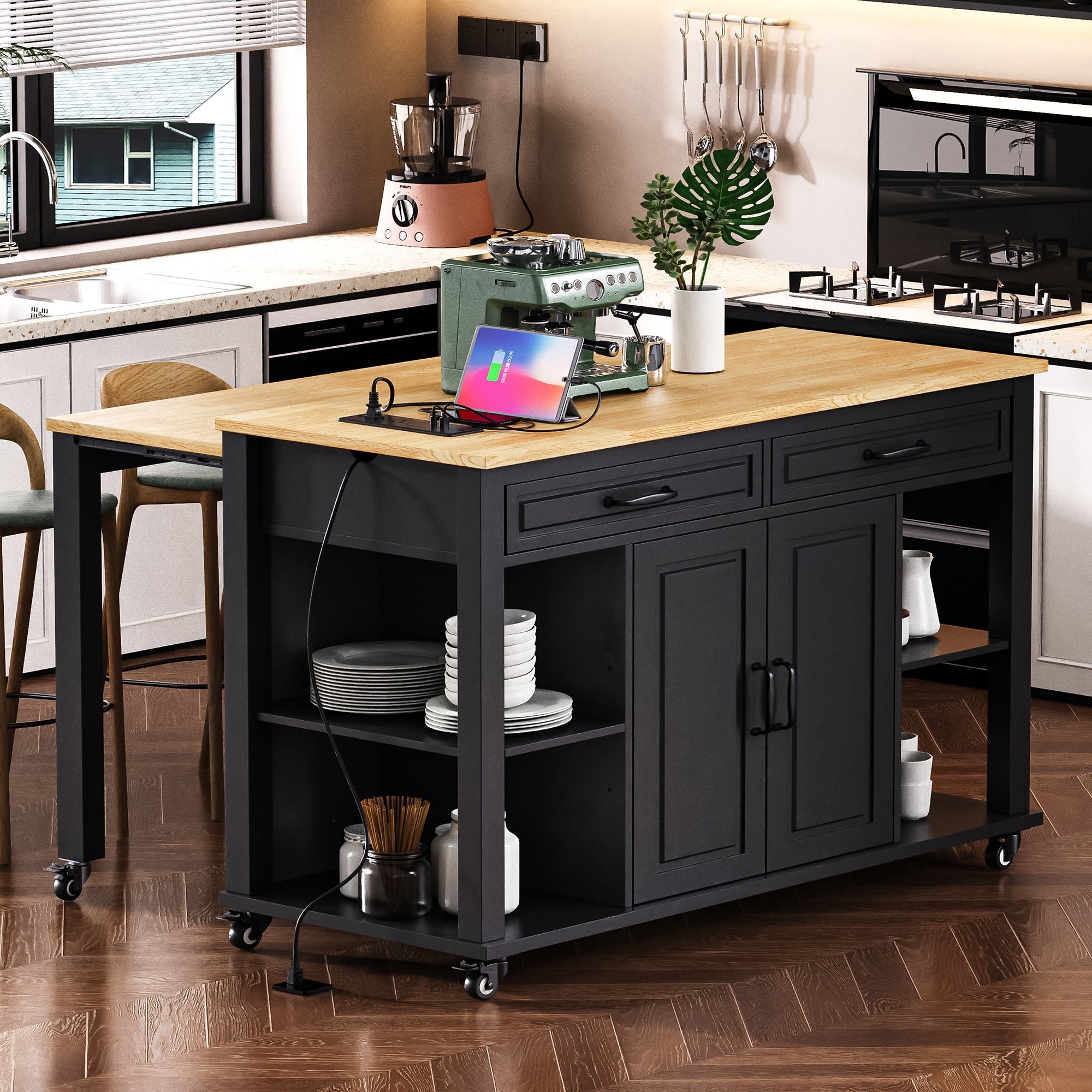 47 Kitchen Island With Extendable Table Rubber Wood Veneer Storage Power