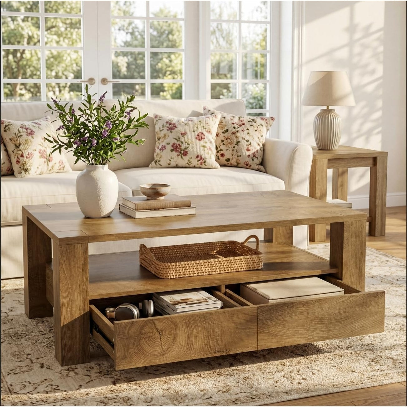 47 Large Farmhouse Coffee Table With Storage Rectangle Coffee Table With 2 Drawers Open Shelf