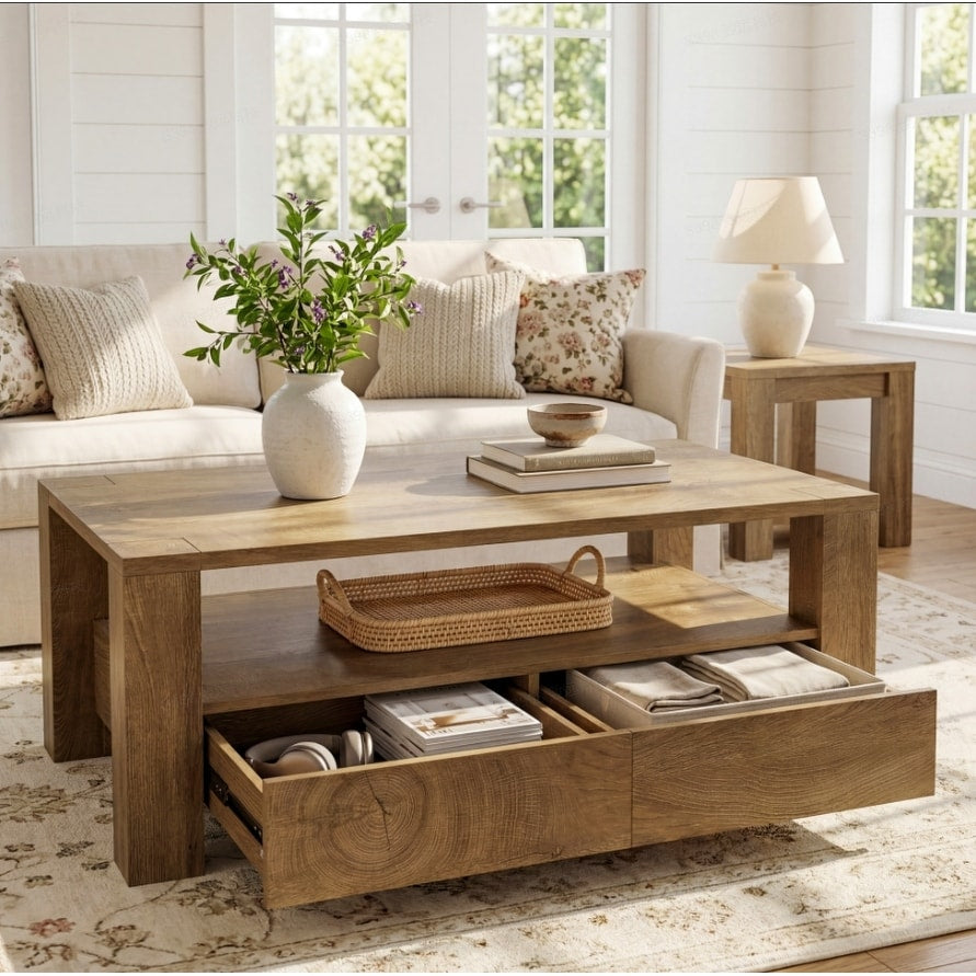 47 Large Rectangle Coffee Table With 2 Drawers Open Shelf Wood Living Room Center Tea Table
