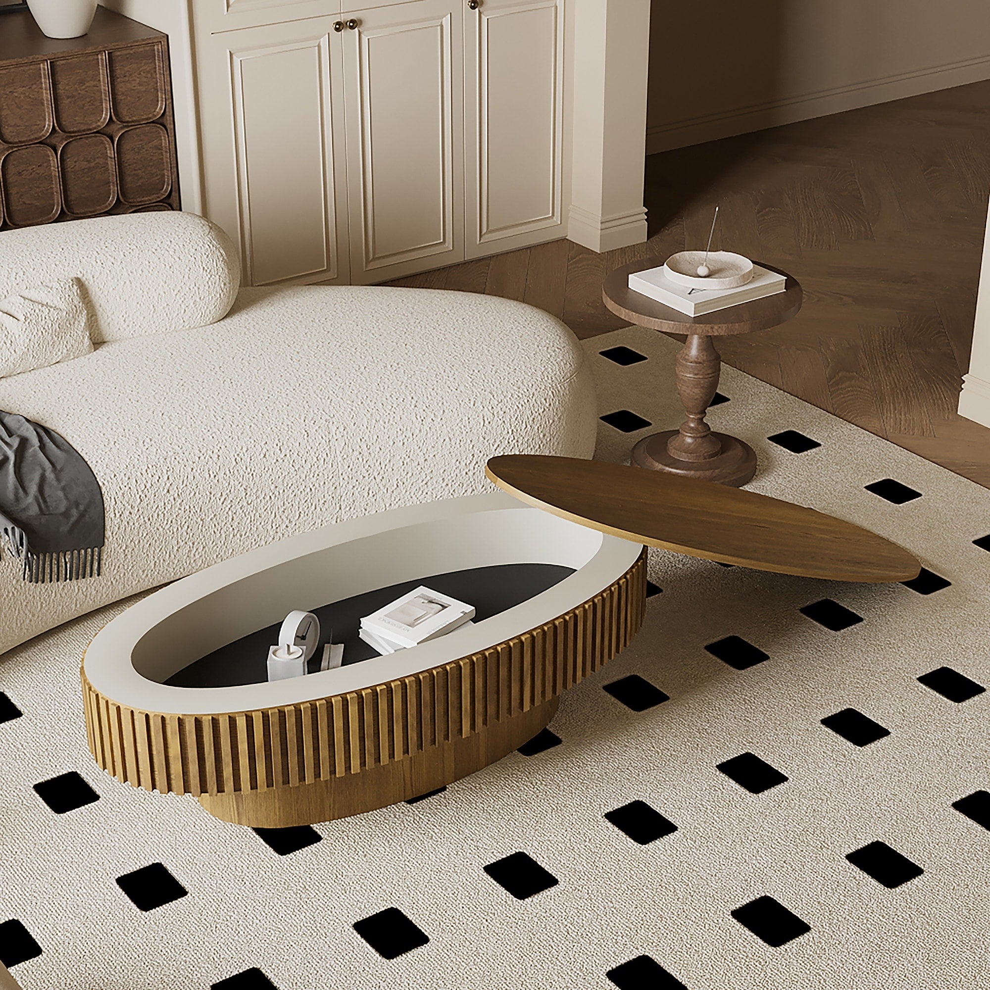 47 Oval Coffee Table With Storage Solid Wood Veneered Modern Coffee Table Accent Tea Table For Living Room Bedroom