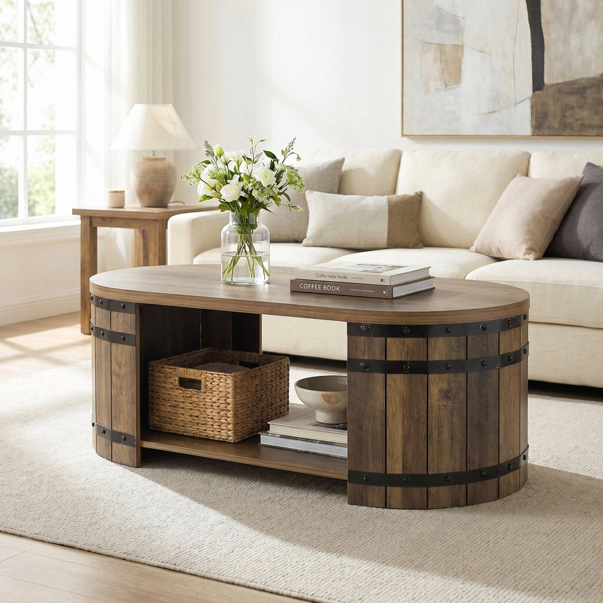 47 Oval Wooden Coffee Table With Storage And Barrel Inspired Design