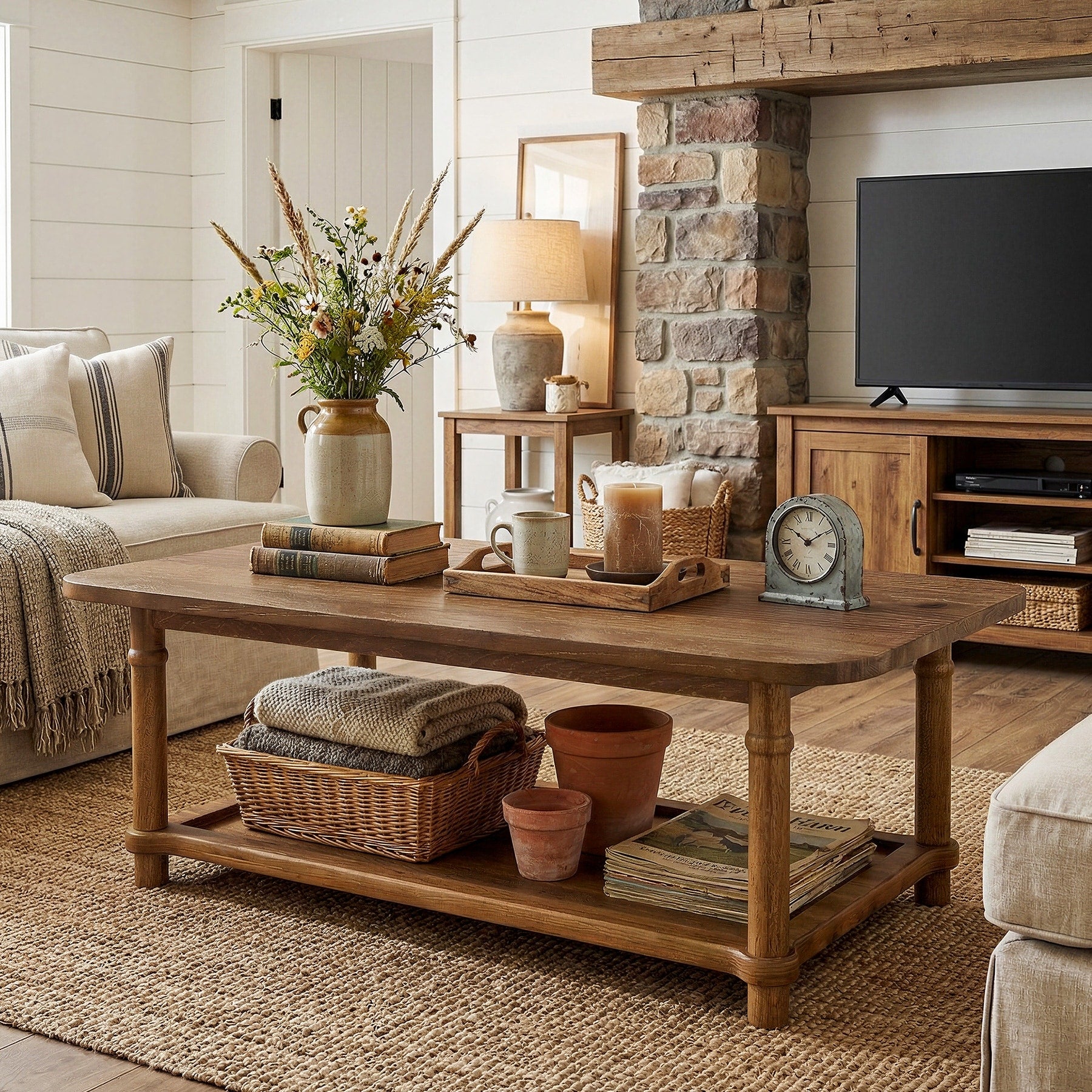 47 Rectangle Coffee Table Solid Wood Center Table With 2 Tier Storage