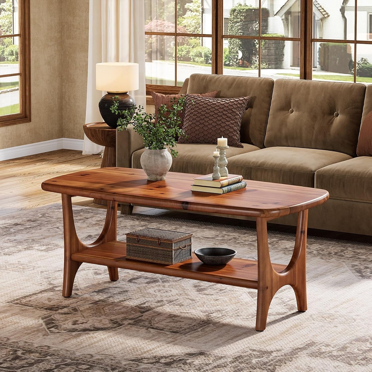 47 Solid Wood Coffee Table With Storage 2 Tier Mid Century Modern Rectanglular Center Table 47.24 L X 19.68 W X 19.68 H