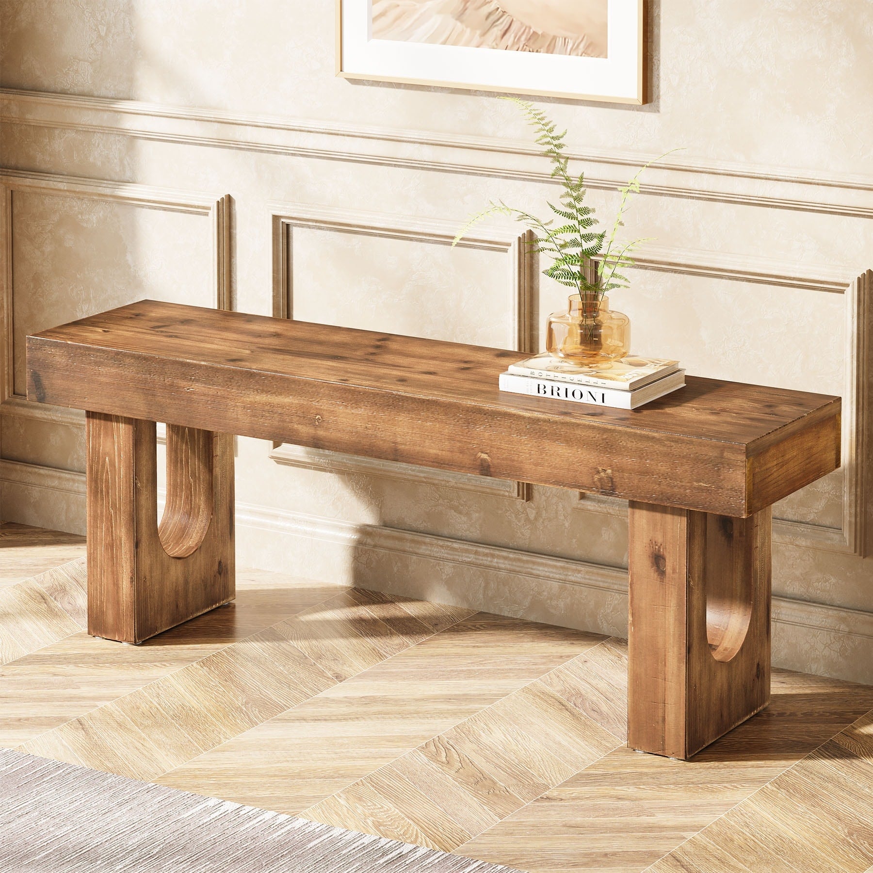 47 Solid Wood U Shaped Hollow Leg Bench Brown Shoe Bench For Entryway Bedroom