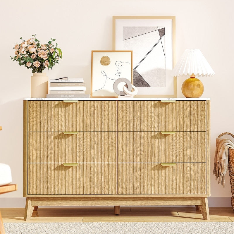 47 Wooden Buffet Cabinet With Faux Marble Top Fluted Chest Of Drawers With Curved Edges