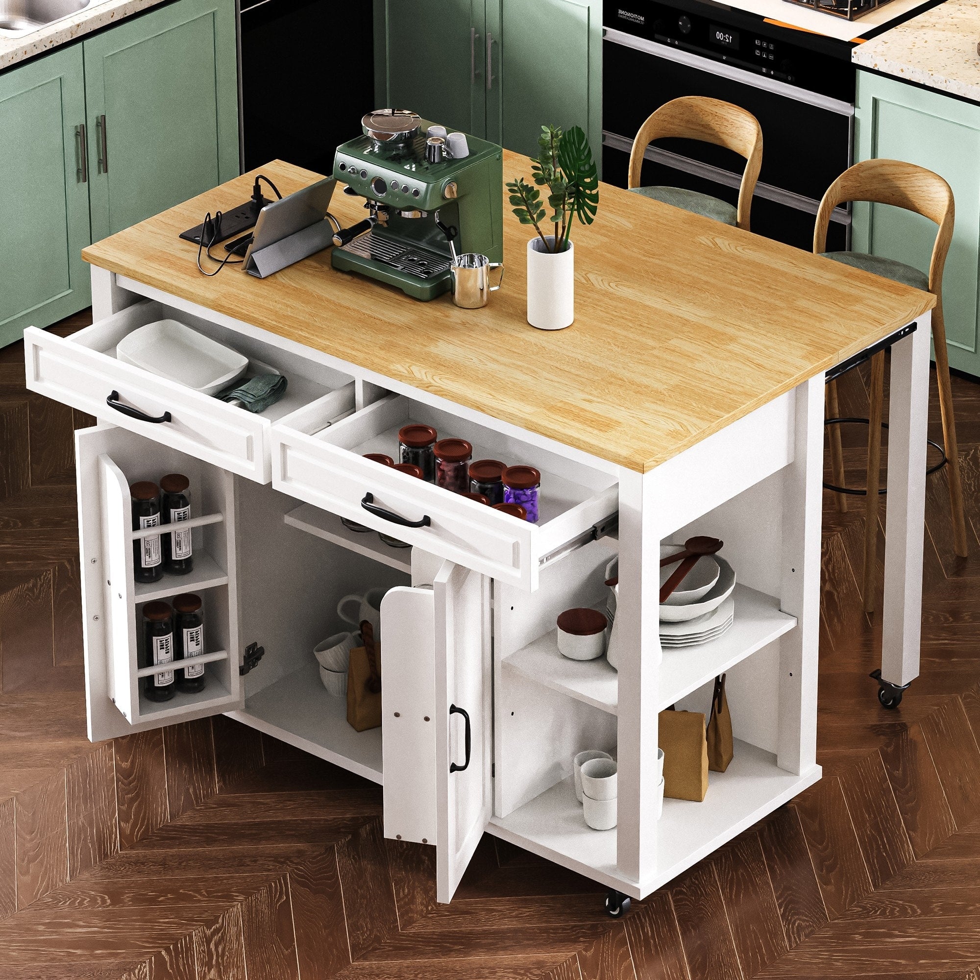 47 Kitchen Island With Extendable Dining Table Rubber Wood Kitchen Table With Internal Storage Rack Power Outlet 2 Drawers