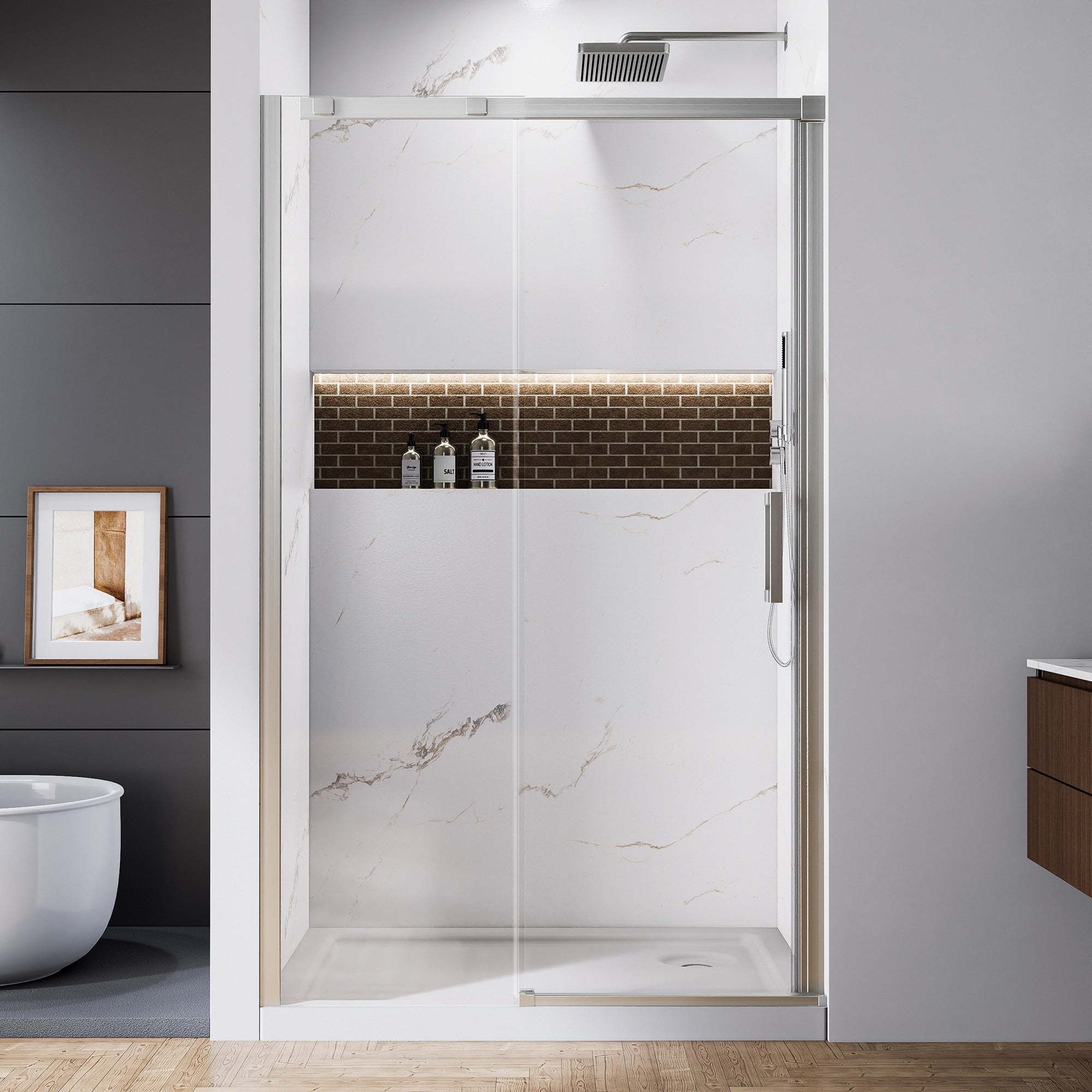 48 60 W X 74 H Framed Sliding Shower Door Enclosure With Stainless Steel Handle 48 Inch