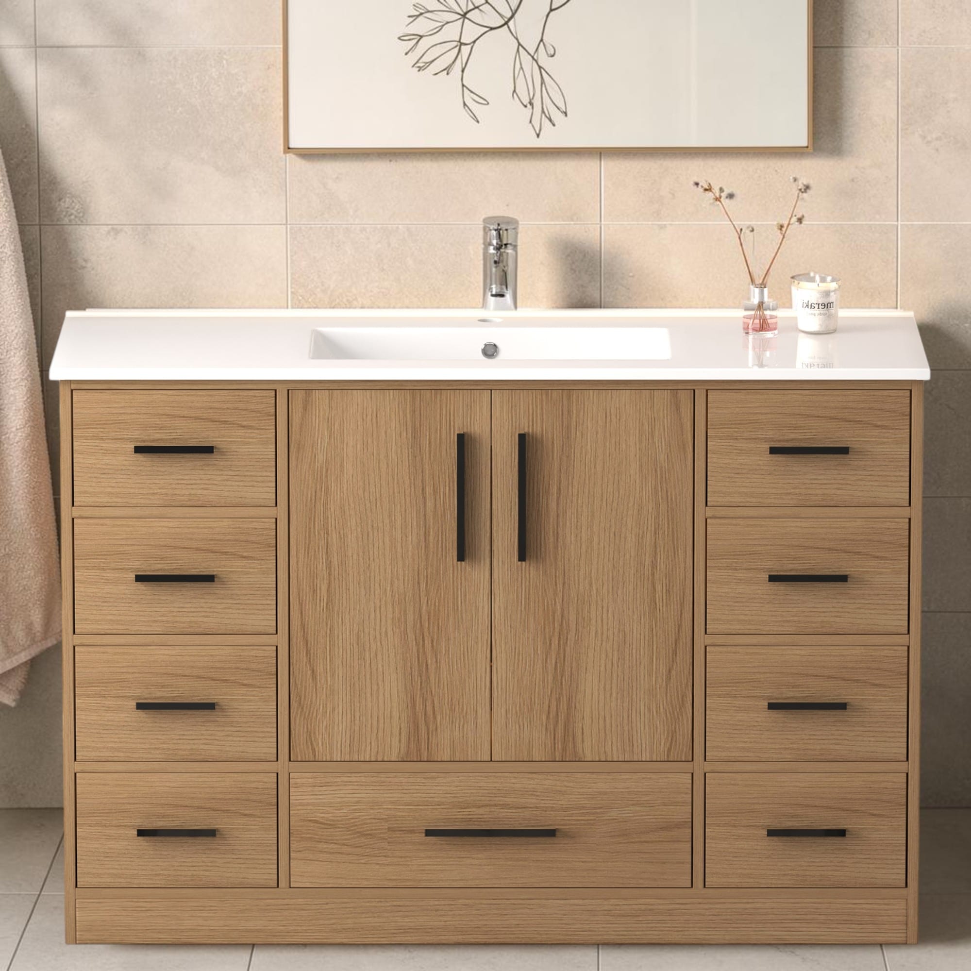 48 Inch Bathroom Vanity With 9 Drawers And 2 Soft Close Doors Freestanding Storage Cabinet