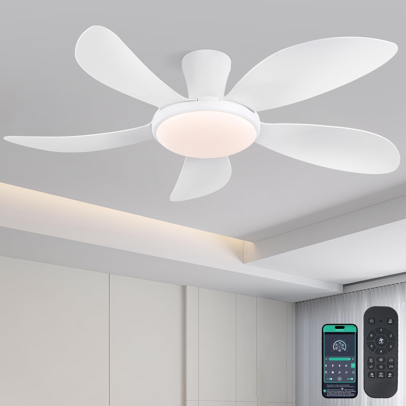 48 Inch Flush Mount Dc Ceiling Fan With Lights 5 Reversible Blades 3 Cct Led With Remote And App Control 48 Inches