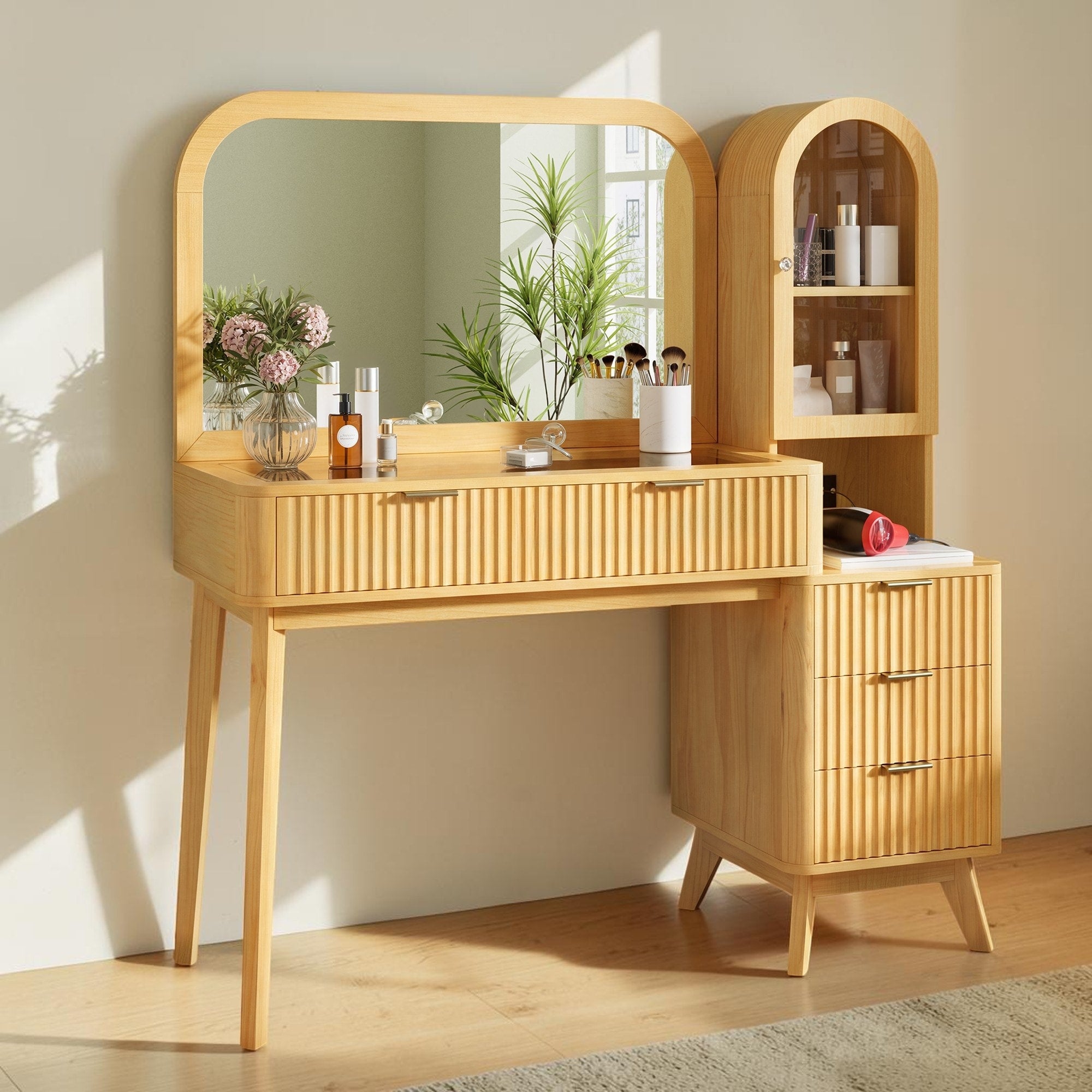 48 Inch Fluted Makeup Vanity Desk With Mirror Glass Top Charging Station 4 Drawers And Cabinet