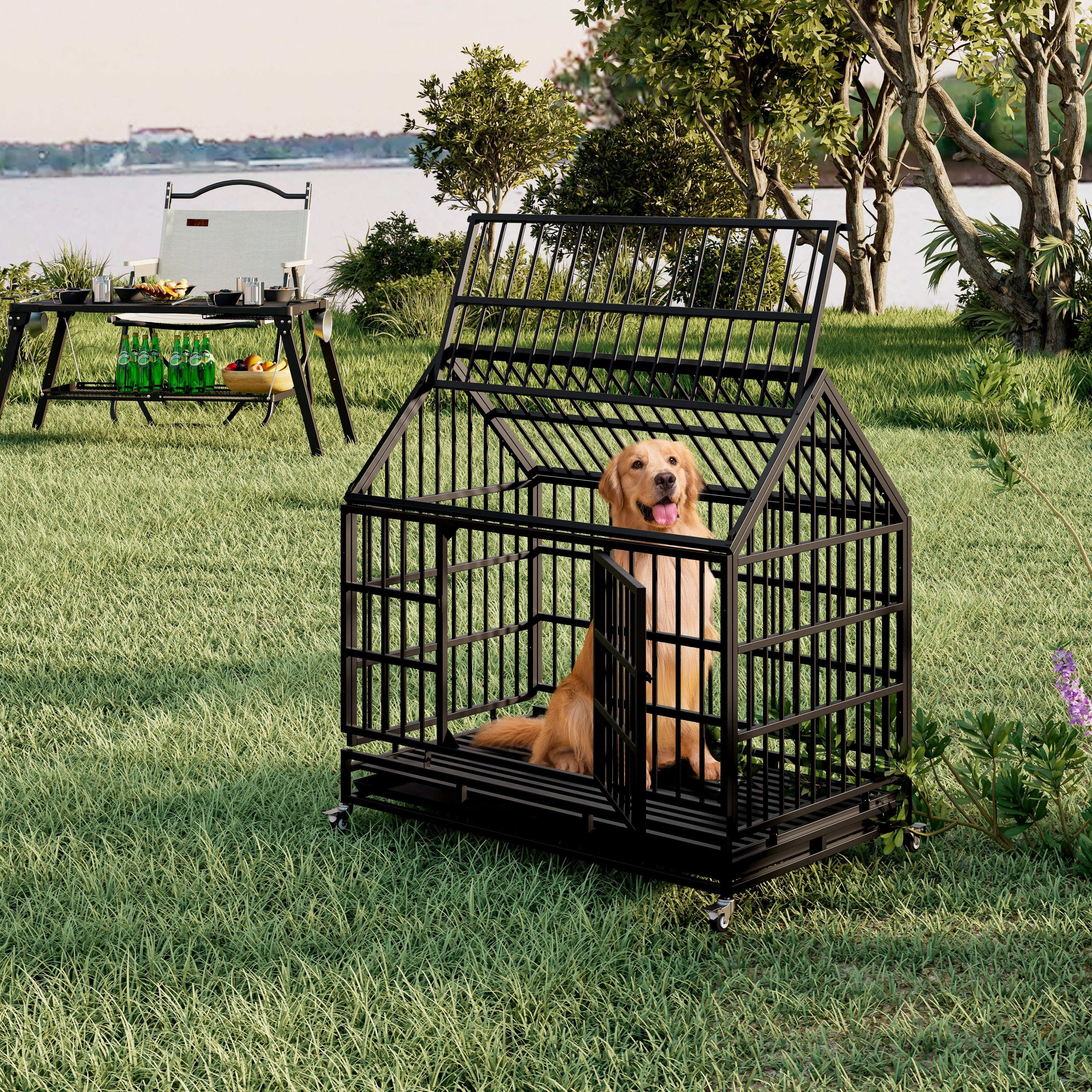 48 Inch Heavy Duty Dog Crate With Wheels Folding Big Dog Cage For Large And Medium Dogs With A Pointed Roof And Removable Tray