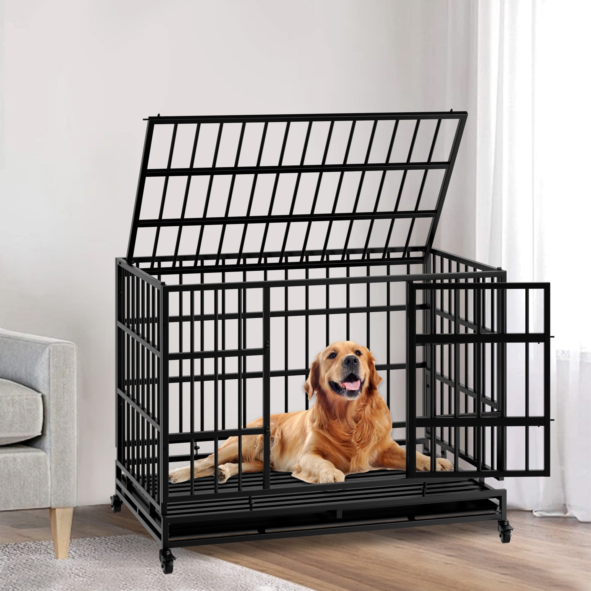 48 Inch Heavy Duty Indestructible Dog Crate With Wheels For Large And Medium Dogs Cage With Removable Plastic Tray