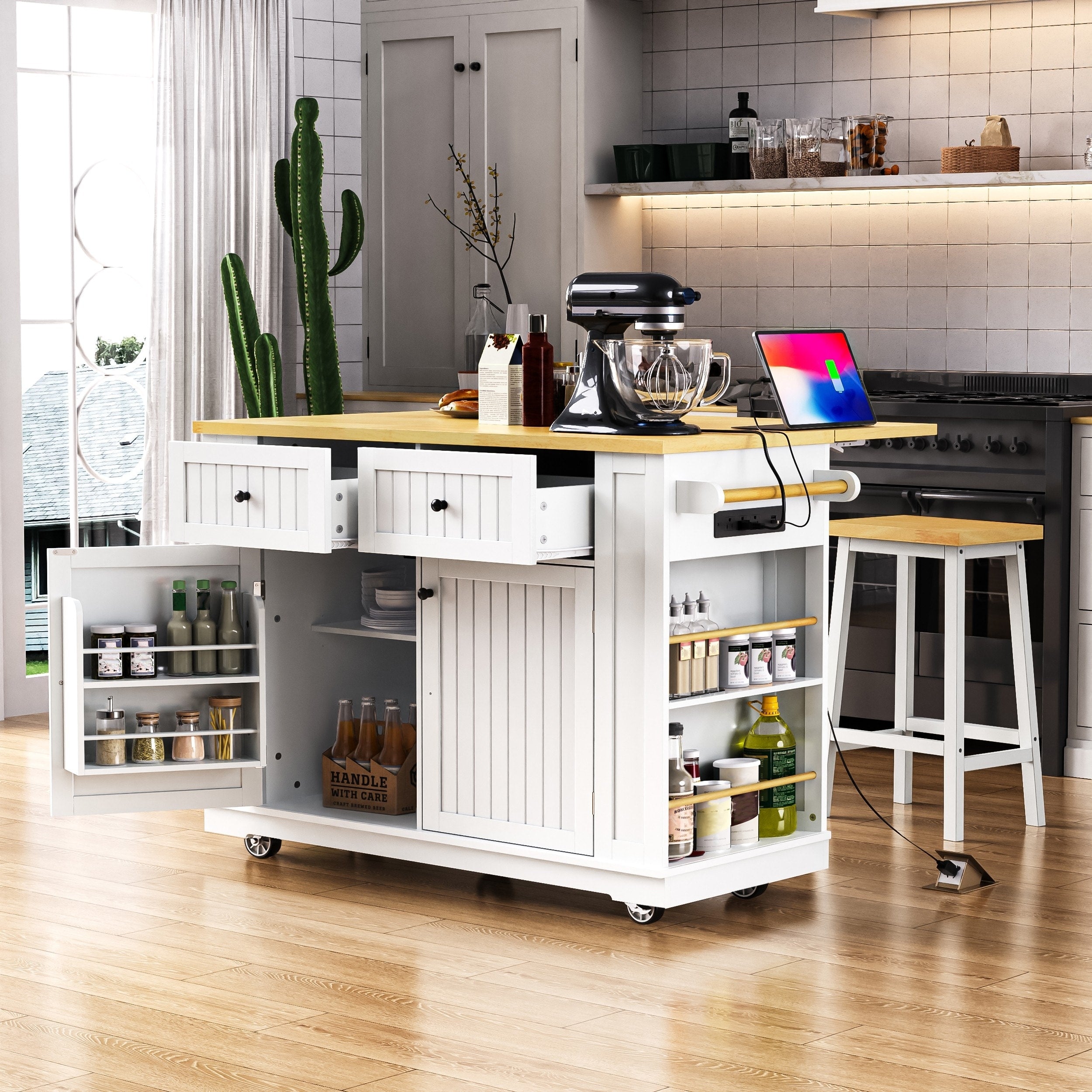 48 Inch Kitchen Island With Drop Leaf Power Outlet Storage Racks And Rolling Cart