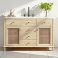 48 Inch Natural Rattan Bathroom Vanity With Ceramic Sink 5 Drawers And 2 Cabinet Doors Storage