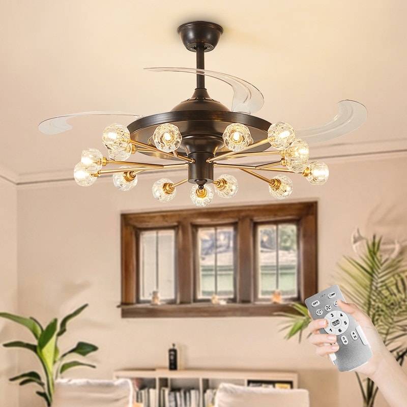 48 Inch Retractable Clear 4 Blade Modern Sputnik Ceiling Fans With Light Excl.Bulb Luxury Chandelier