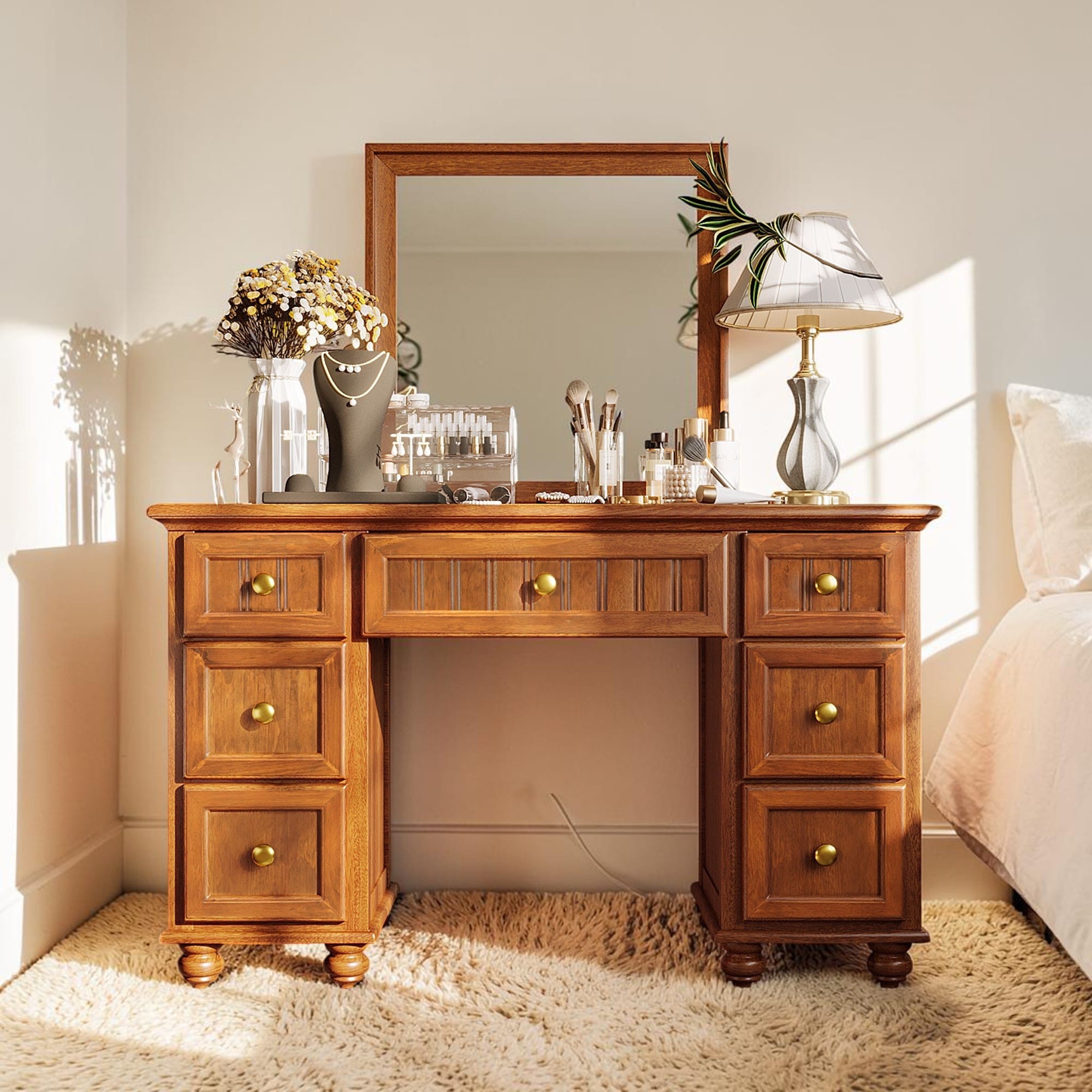 48 Inch Solid Pine Wood Vanity Desk With Mirror 7 Drawers Farmhouse Makeup Dressing Table