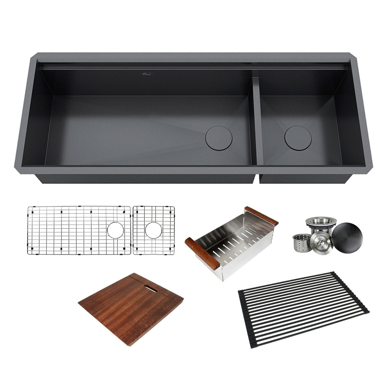 48 In. Stainless Steel Black All In One Workstation 16 Gauge Undermount Double Bowl Kitchen Sink Build In Ledge And Accessories
