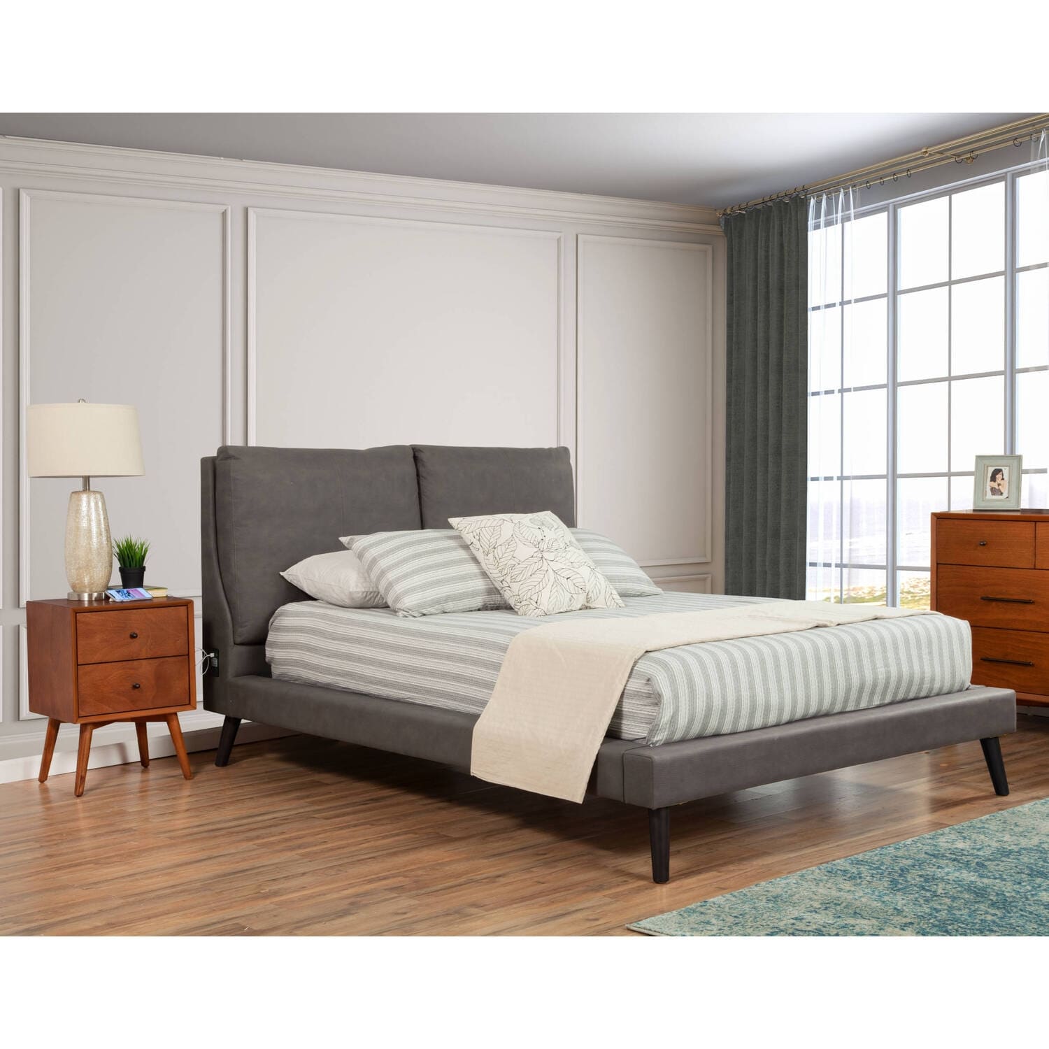 48 In.H Gray Wood Frame King Size Panel Bed With Polyester Upholstery Material And Bed Frame Mounted
