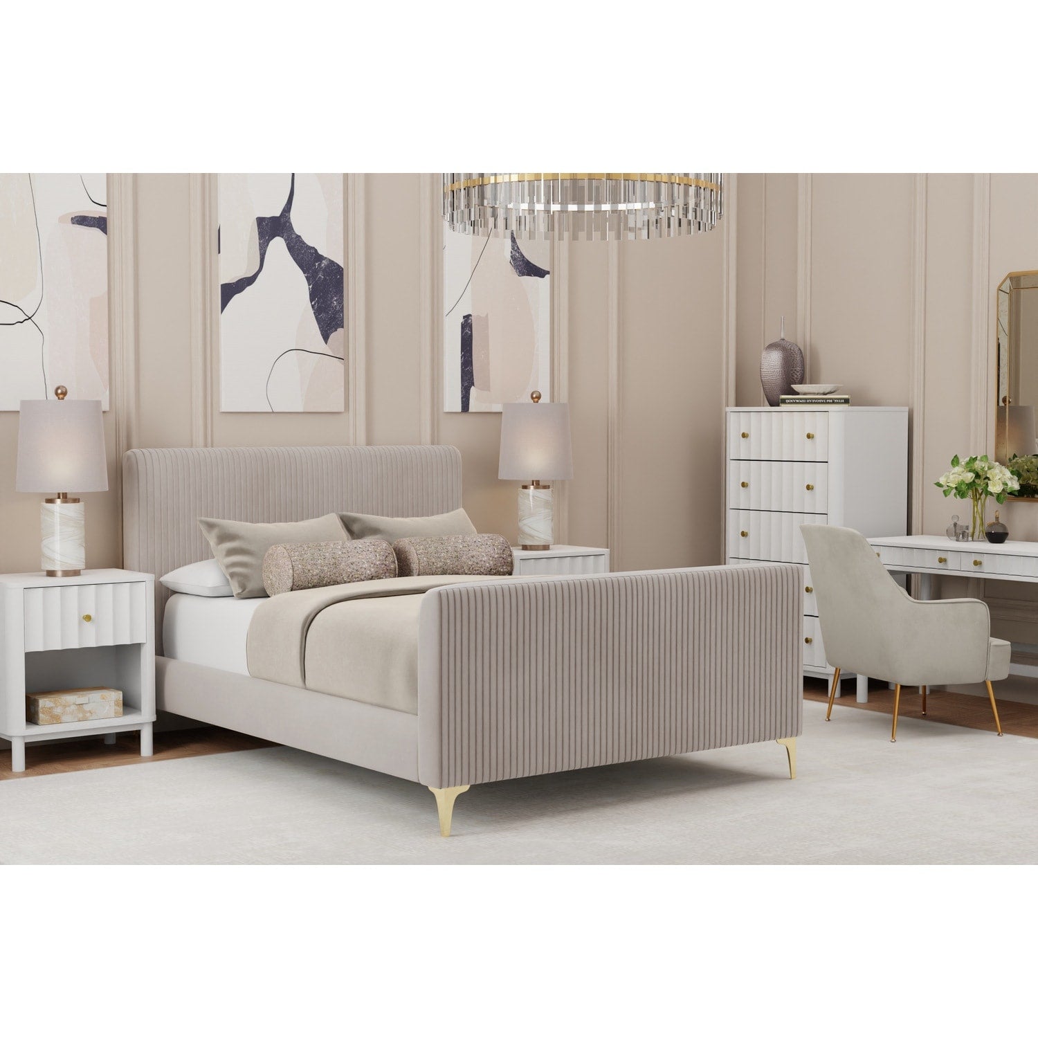 48 In.H Gray Wood Frame King Size Panel Bed With Polyester Upholstery Material And Bed Frame Mounted